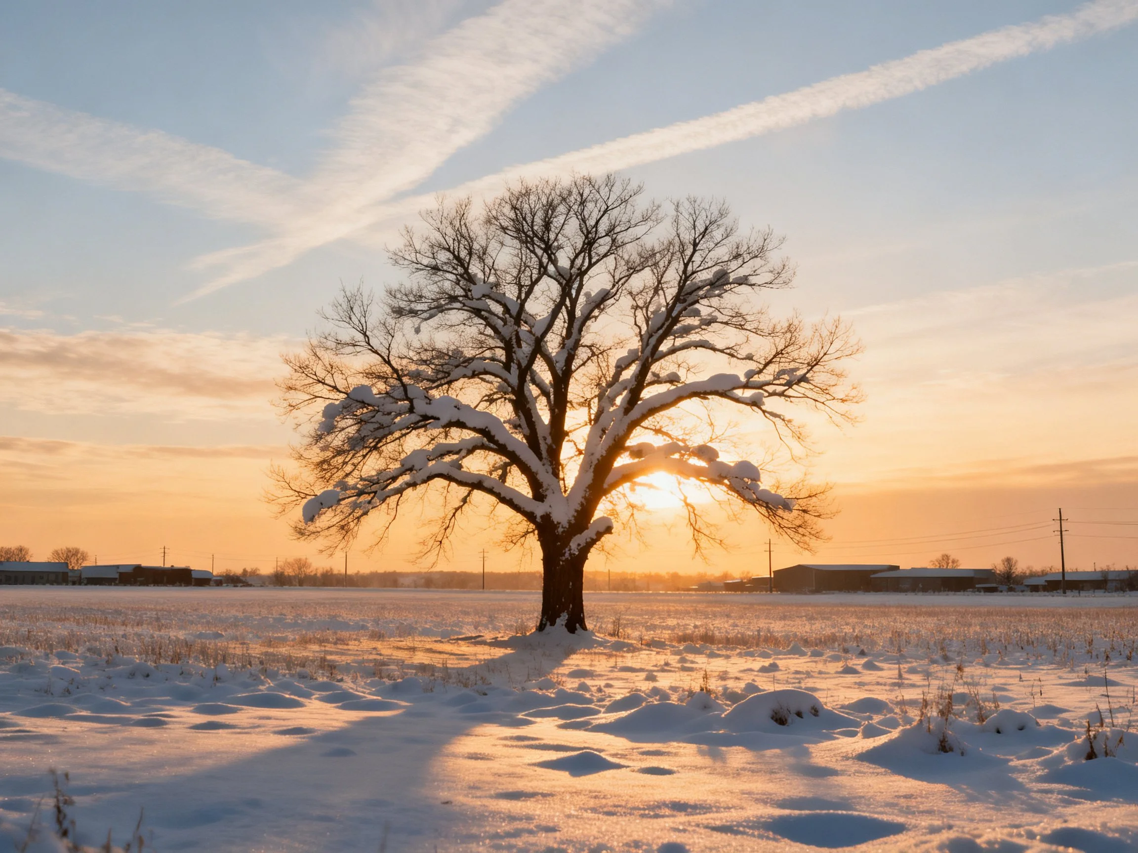 A lone snow-laden tree in a vast winter field at golden hour