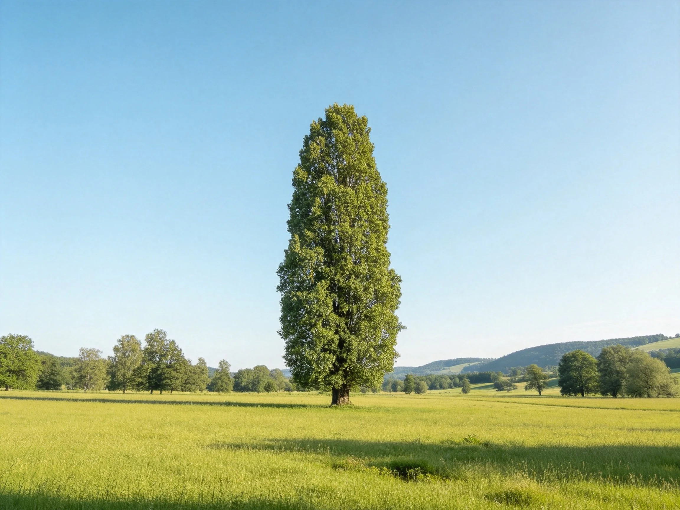 A lone tall tree stands in a vast green meadow beneath clear blue sky