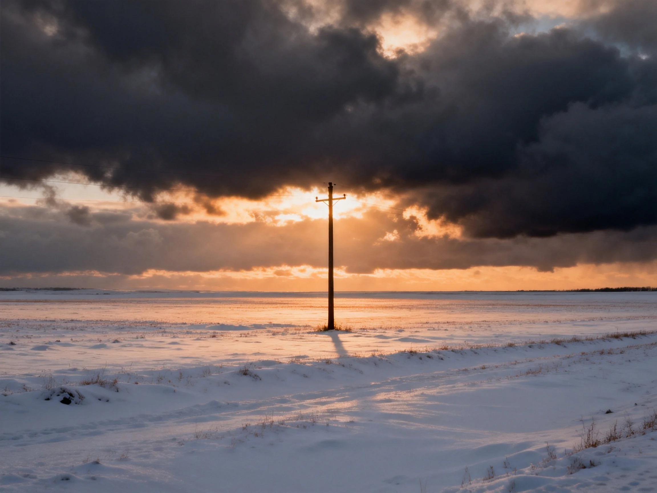 A lone telephone pole in a vast snowy field under stormy skies