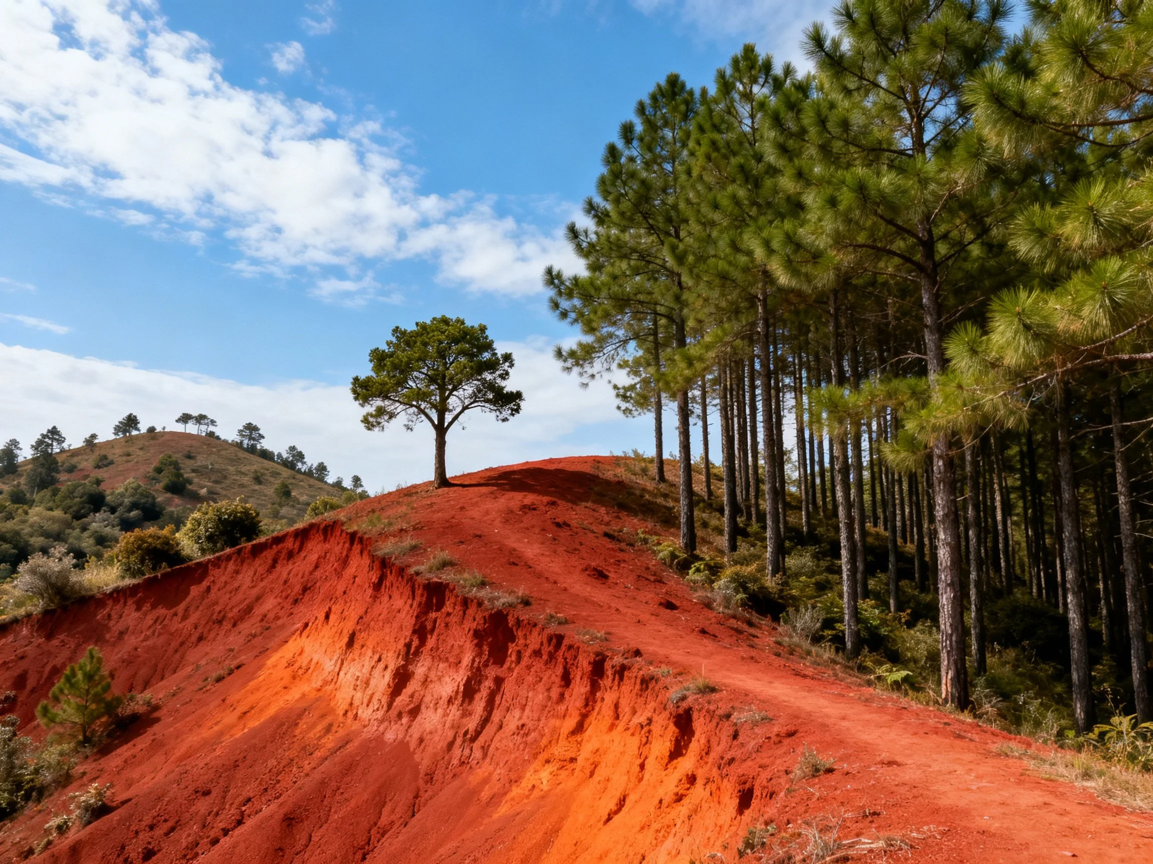 A lone tree atop a vivid red eroded hillside near pine forest