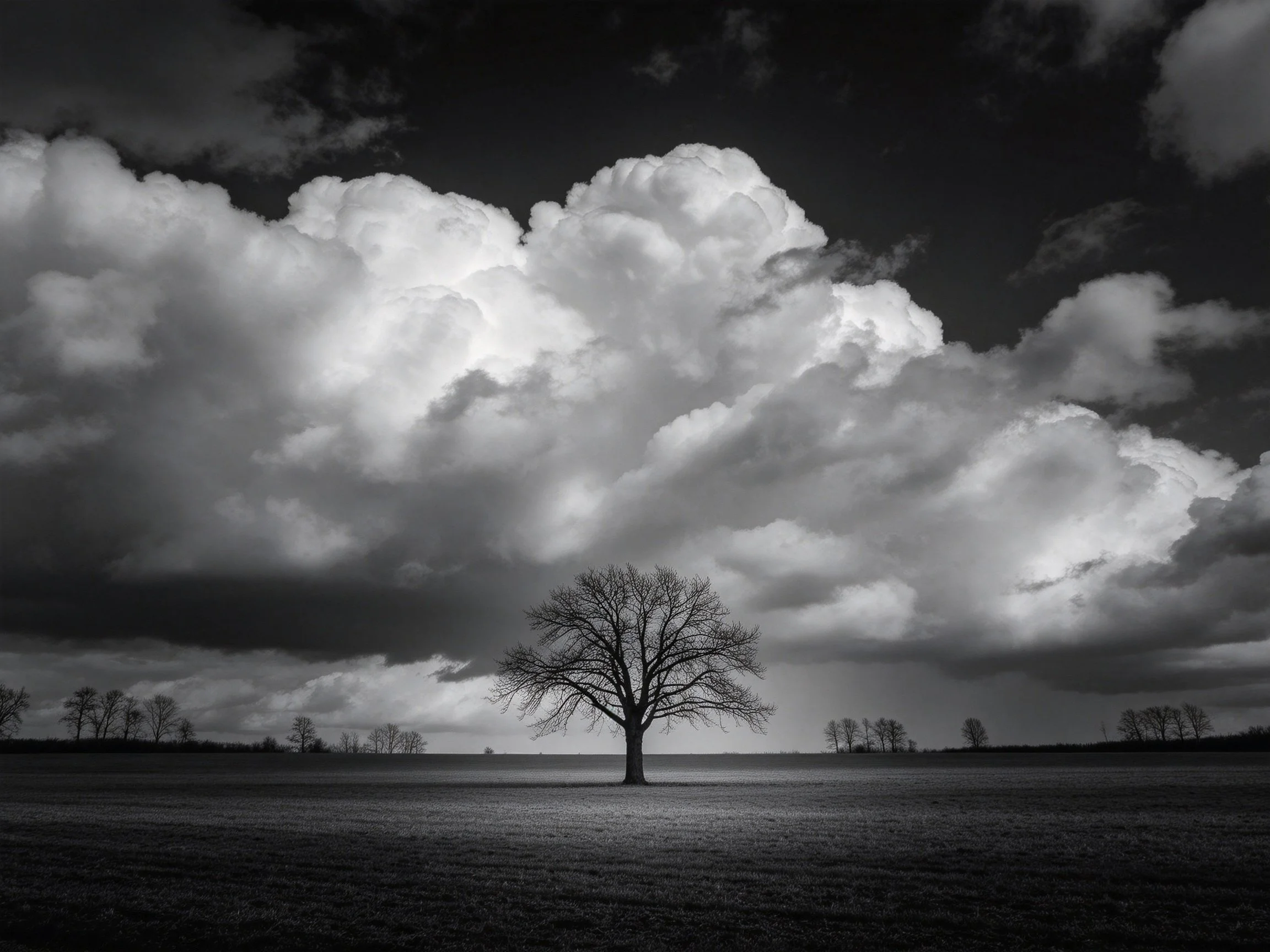 A lone tree beneath enormous storm clouds in a monochrome landscape