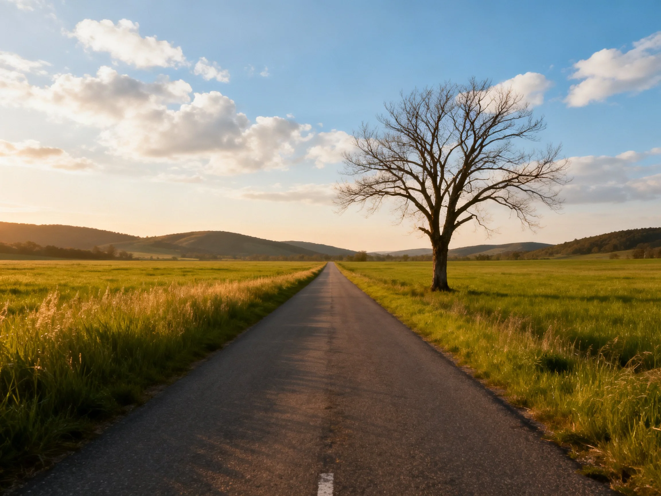 A lone tree beside a long country road under golden skies
