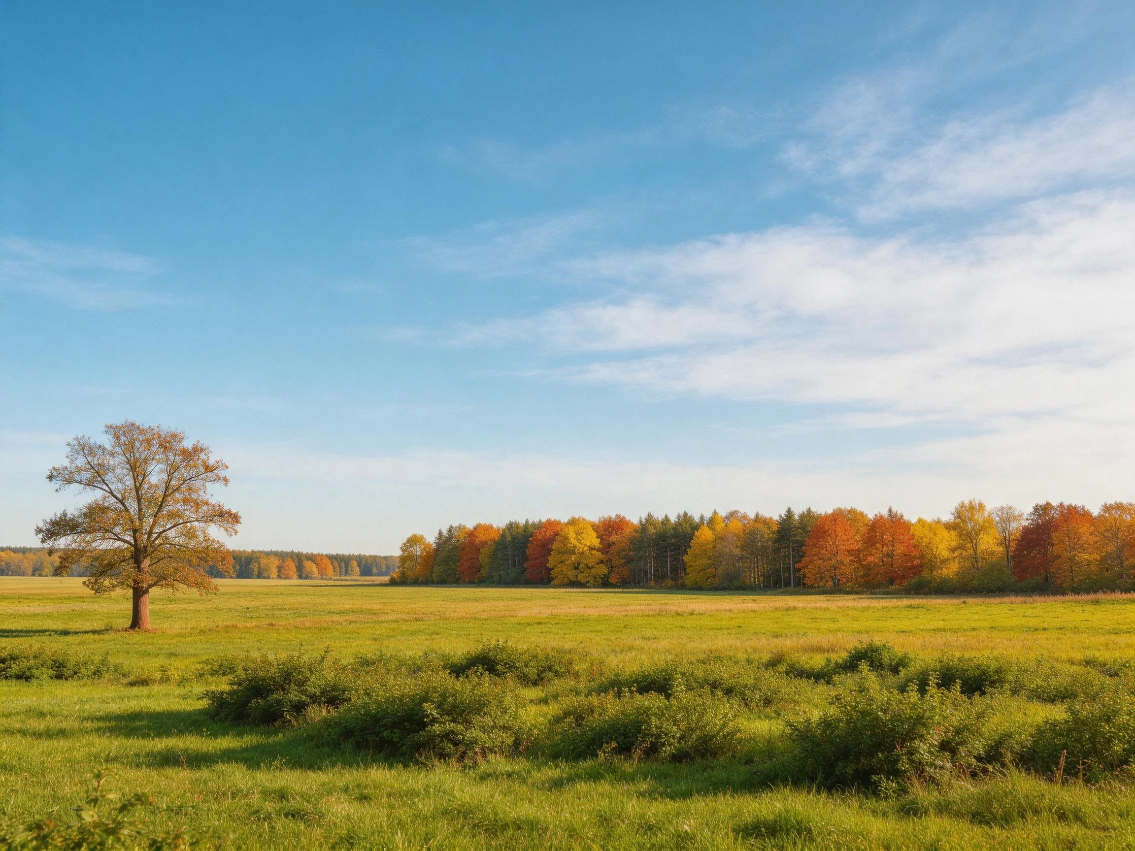 A lone tree beside a vibrant autumn forest under clear blue skies