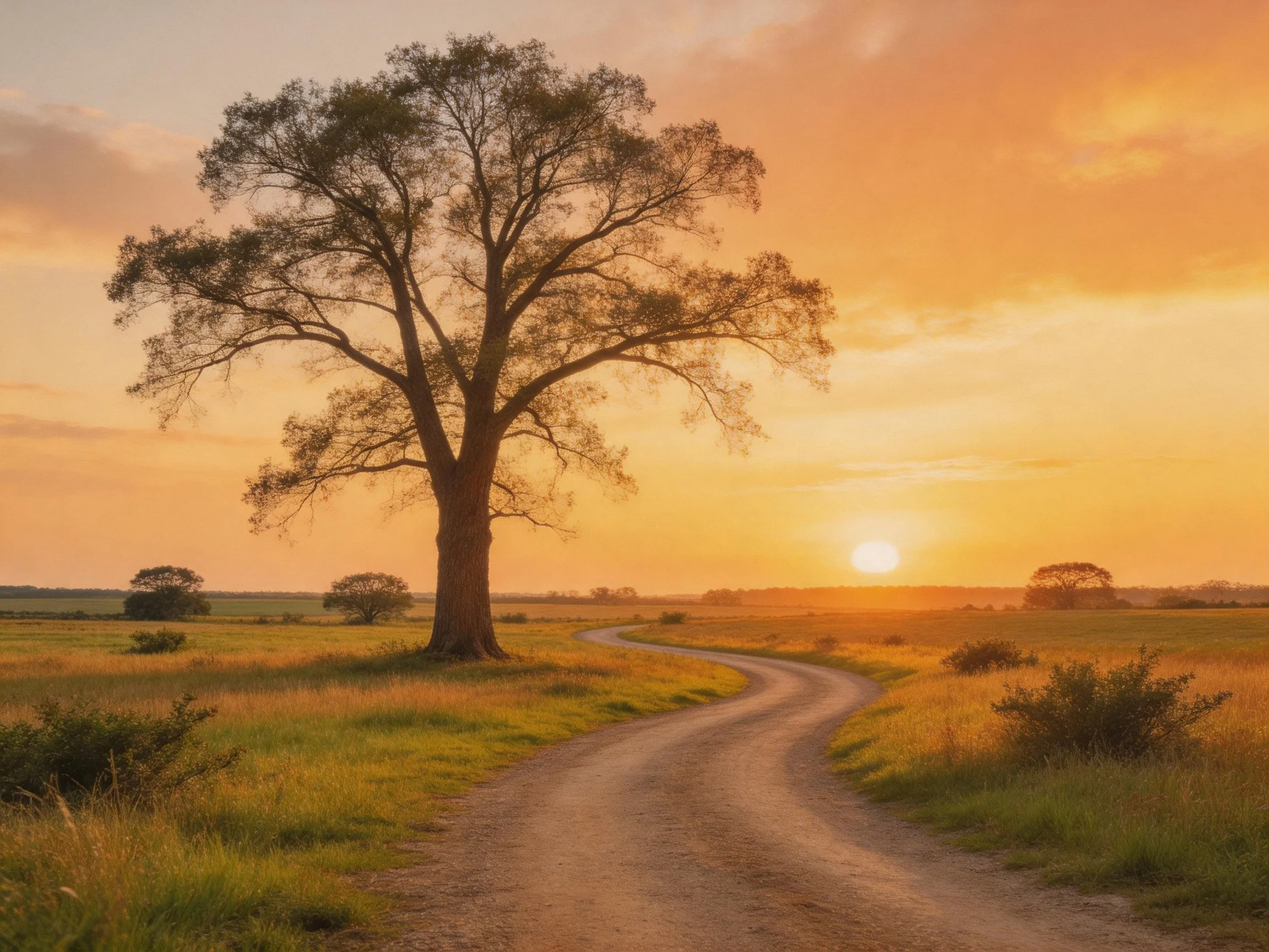 A lone tree beside a winding dirt road at golden sunset