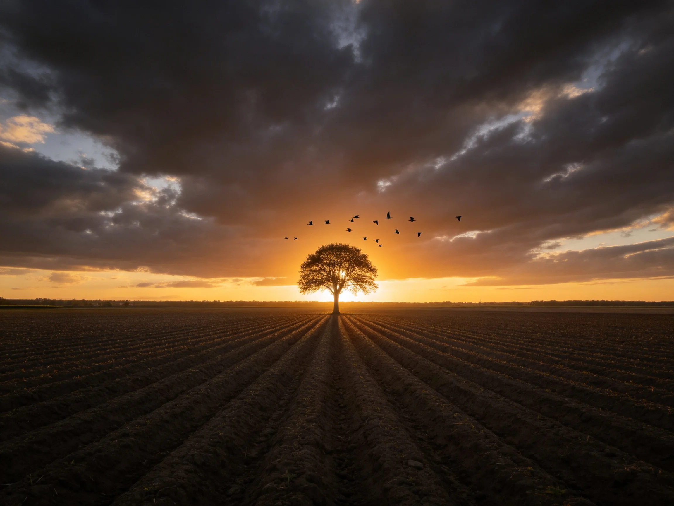 A lone tree centered in a plowed field under stormy sunset skies