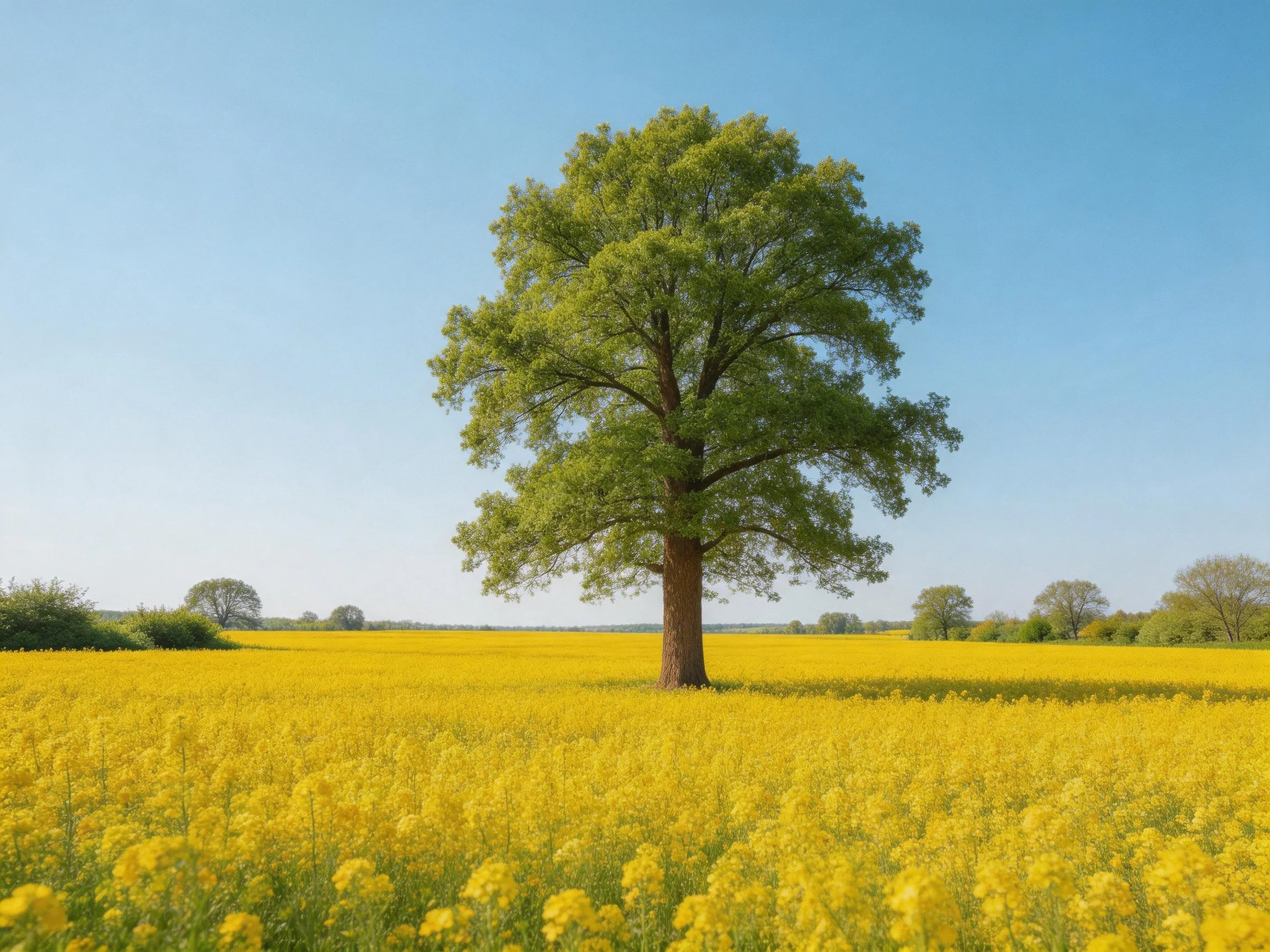 A lone tree centered in a sprawling golden flower field under a clear blue sky