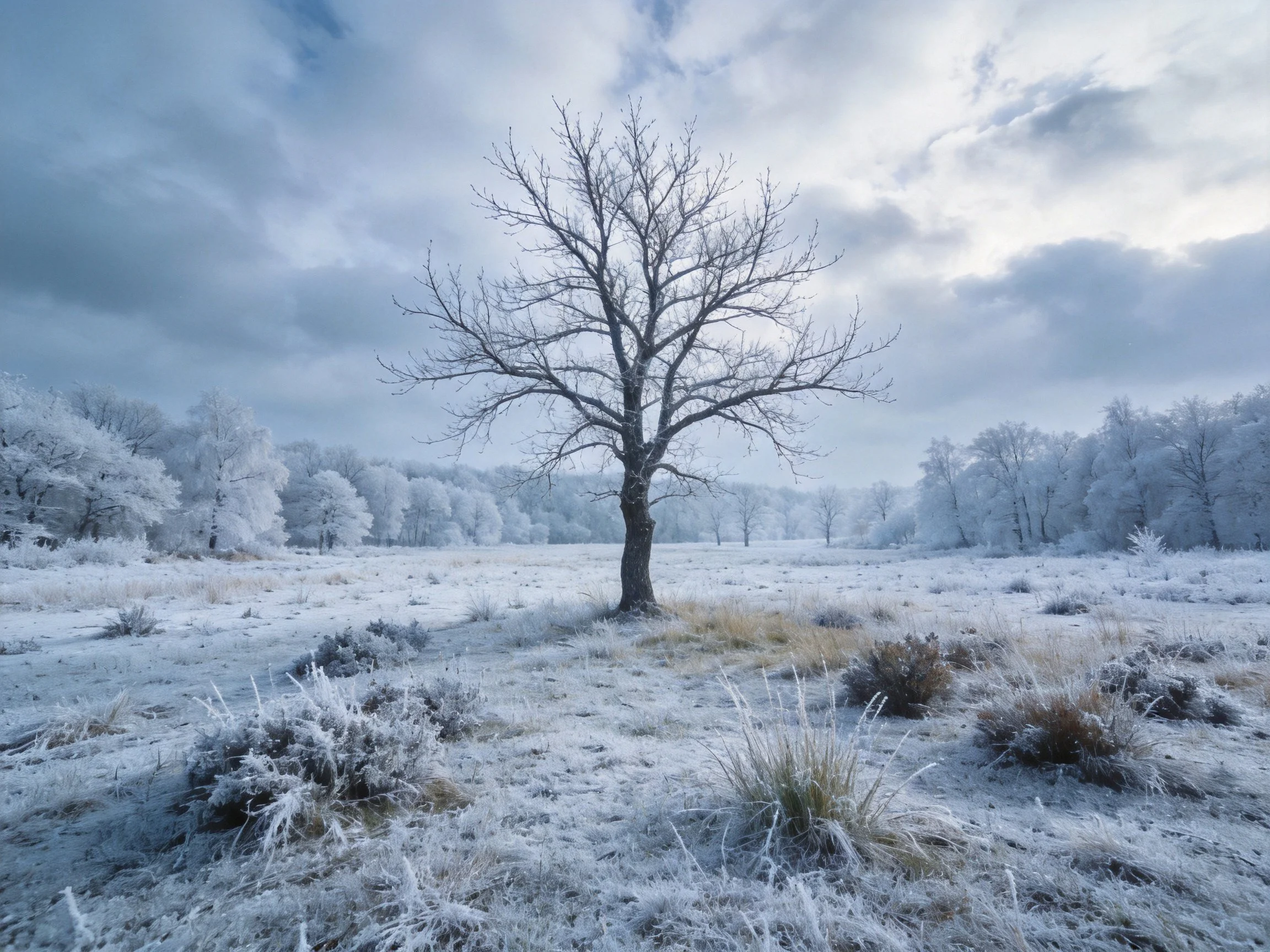 A lone tree in a frosty, snow-covered winter field
