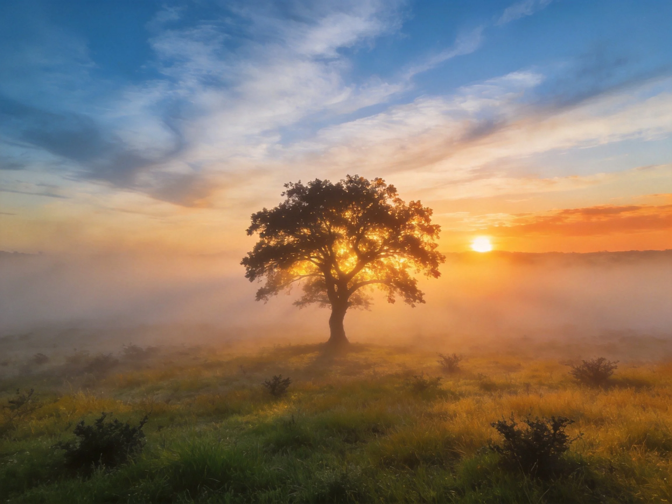 A lone tree in a misty meadow at sunrise