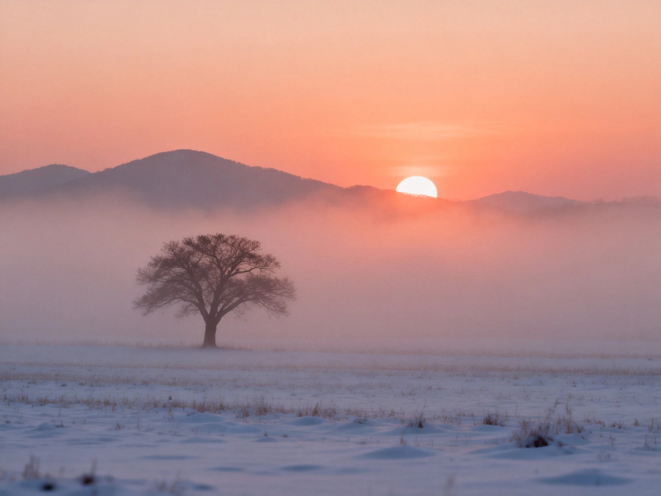 A lone tree in a snowy field beneath a pink-hued sunset with mountain silhouettes