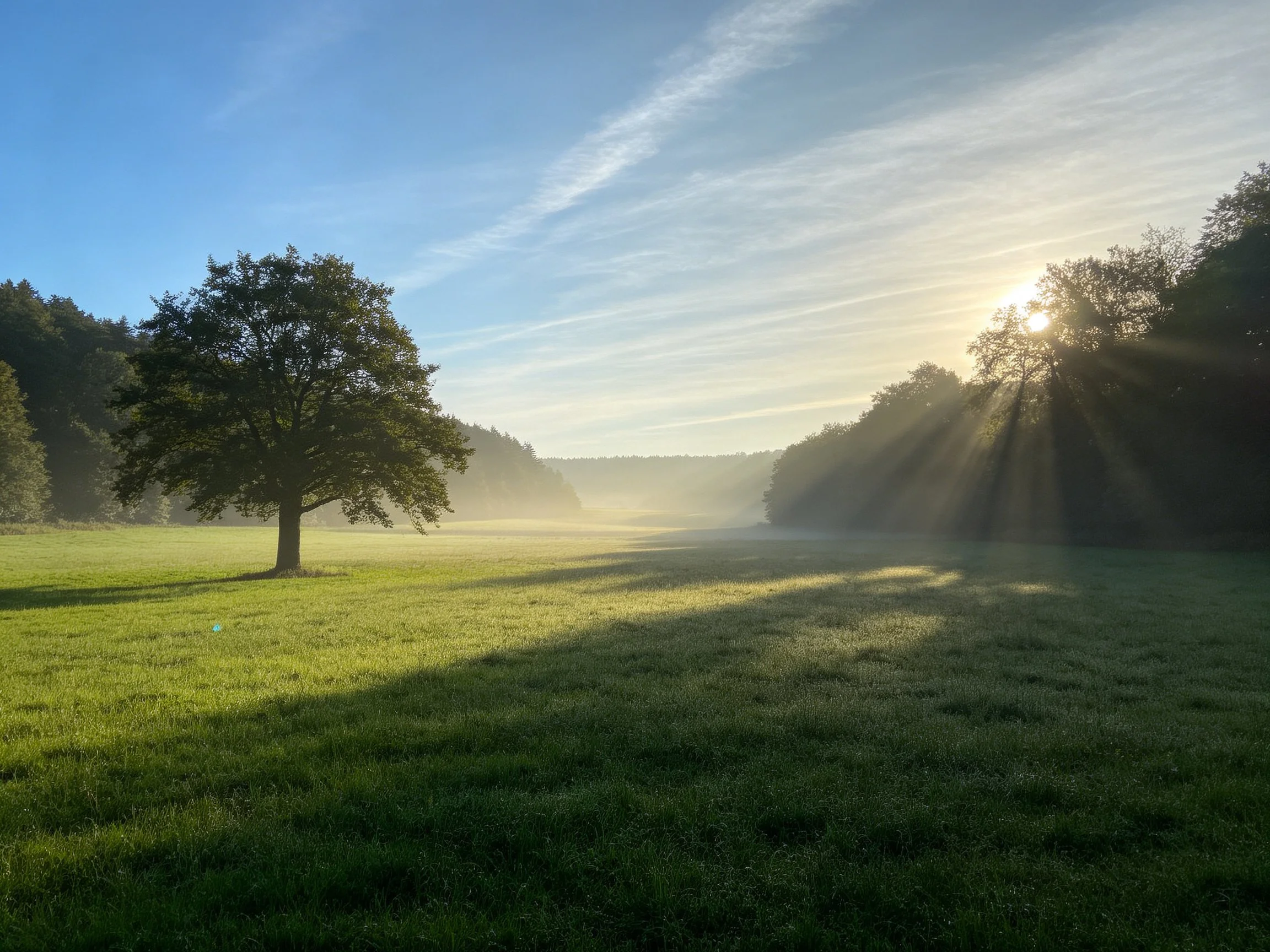 A lone tree in a sunlit meadow with golden morning rays