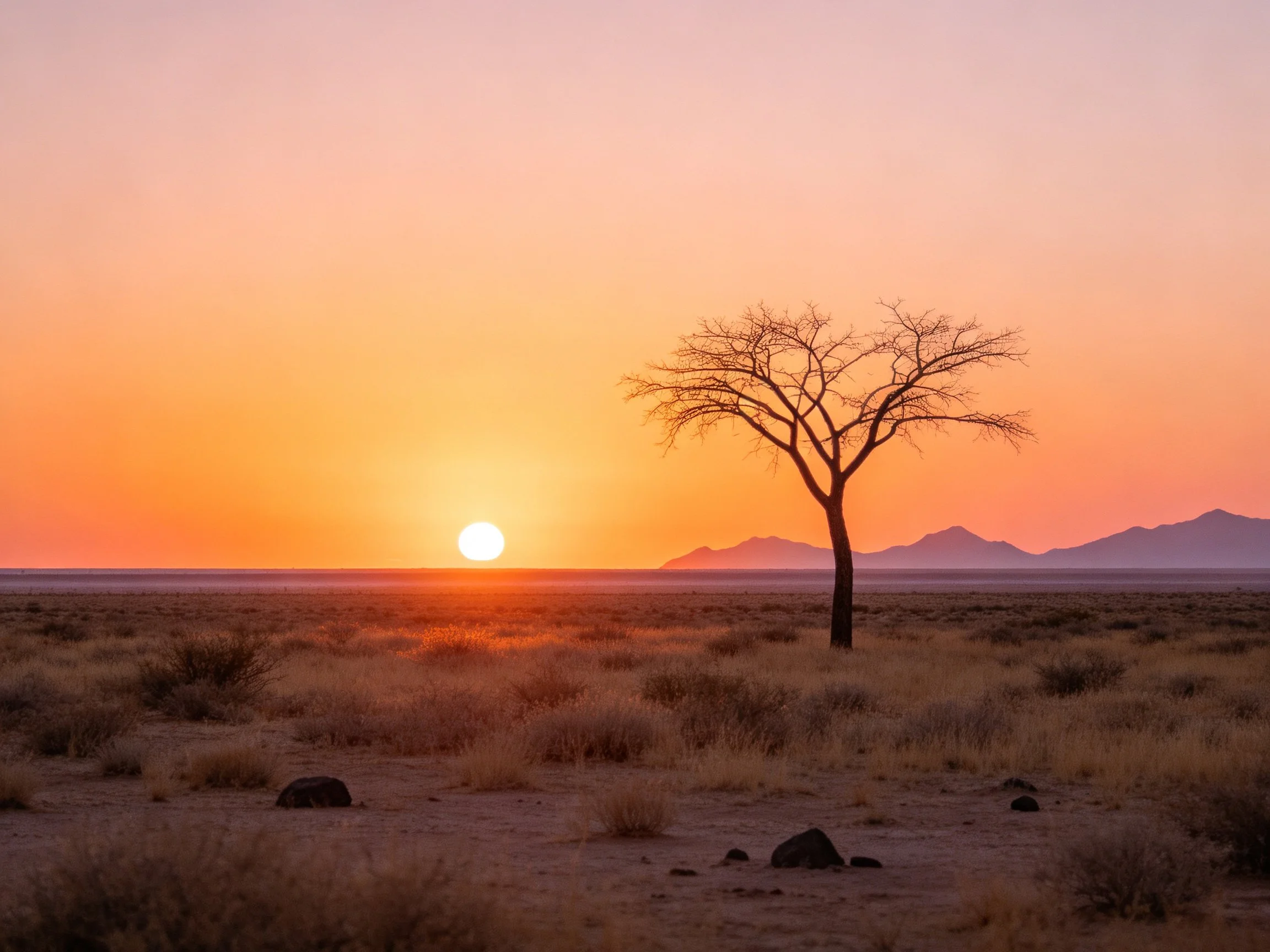 A lone tree in a vast desert under an orange sunset