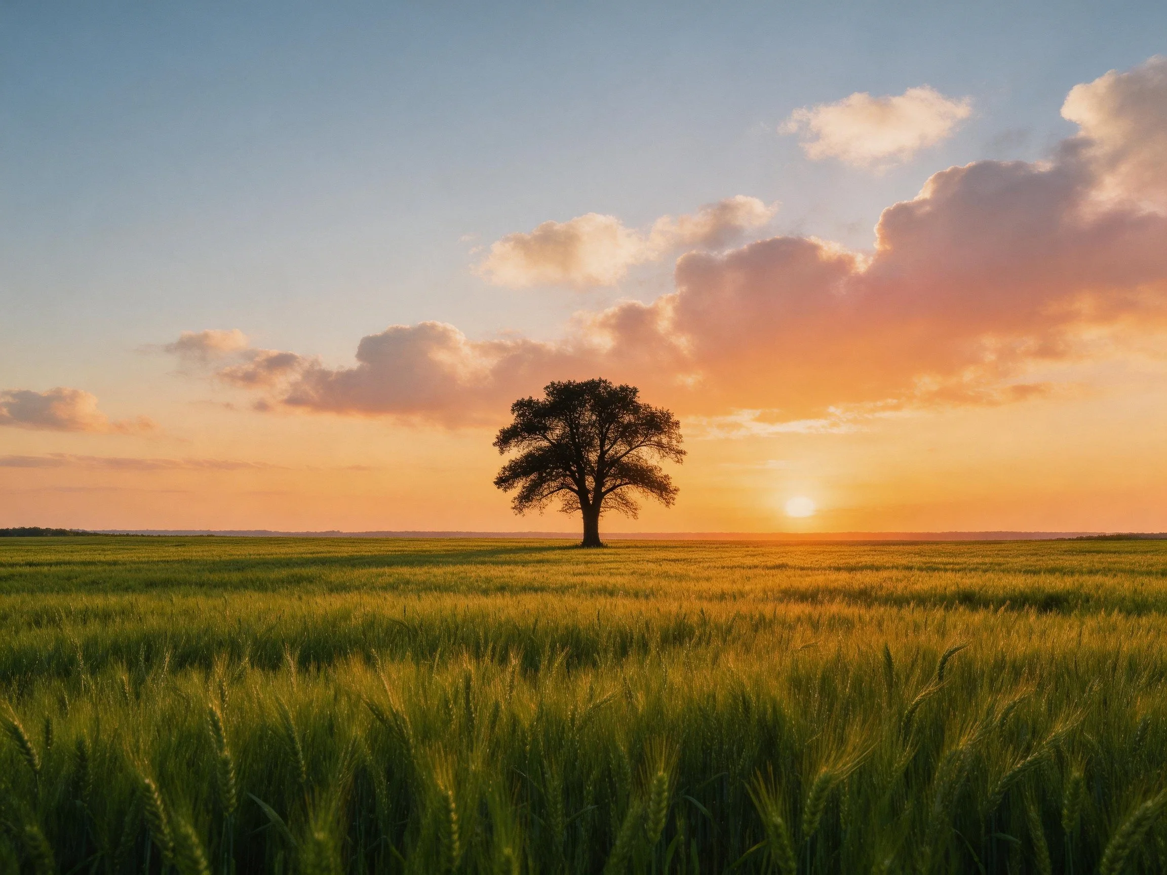 A lone tree in a vast green field under a colorful sunset sky
