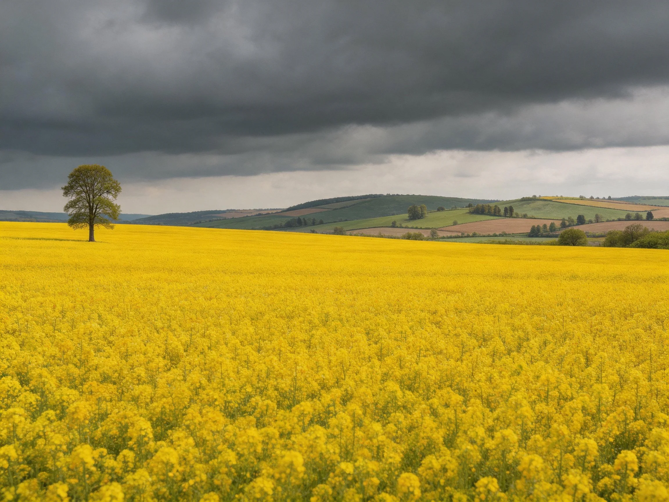 A lone tree in a vast yellow field under stormy skies