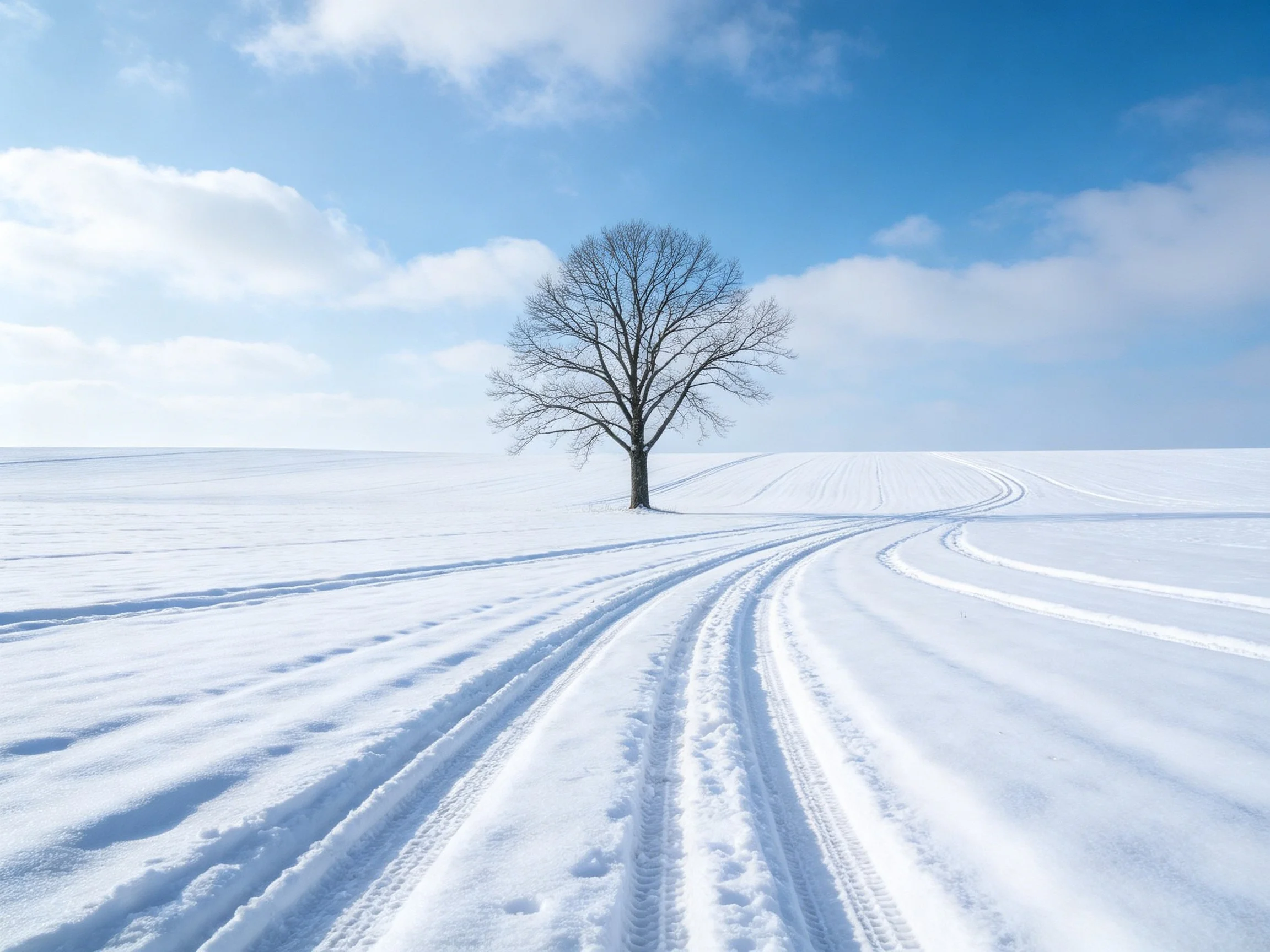 A lone tree in a wide, snow-covered field with tire tracks