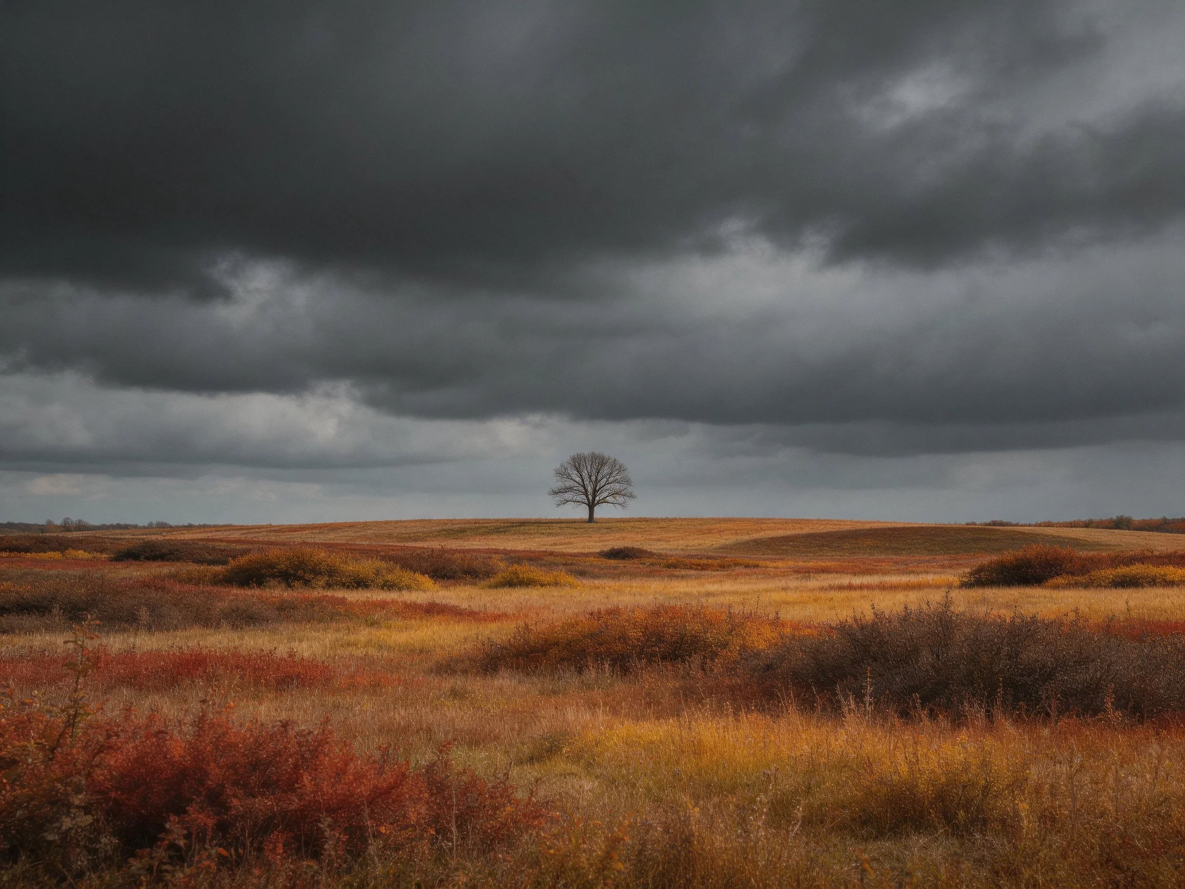 A lone tree in autumn field beneath dark stormy clouds
