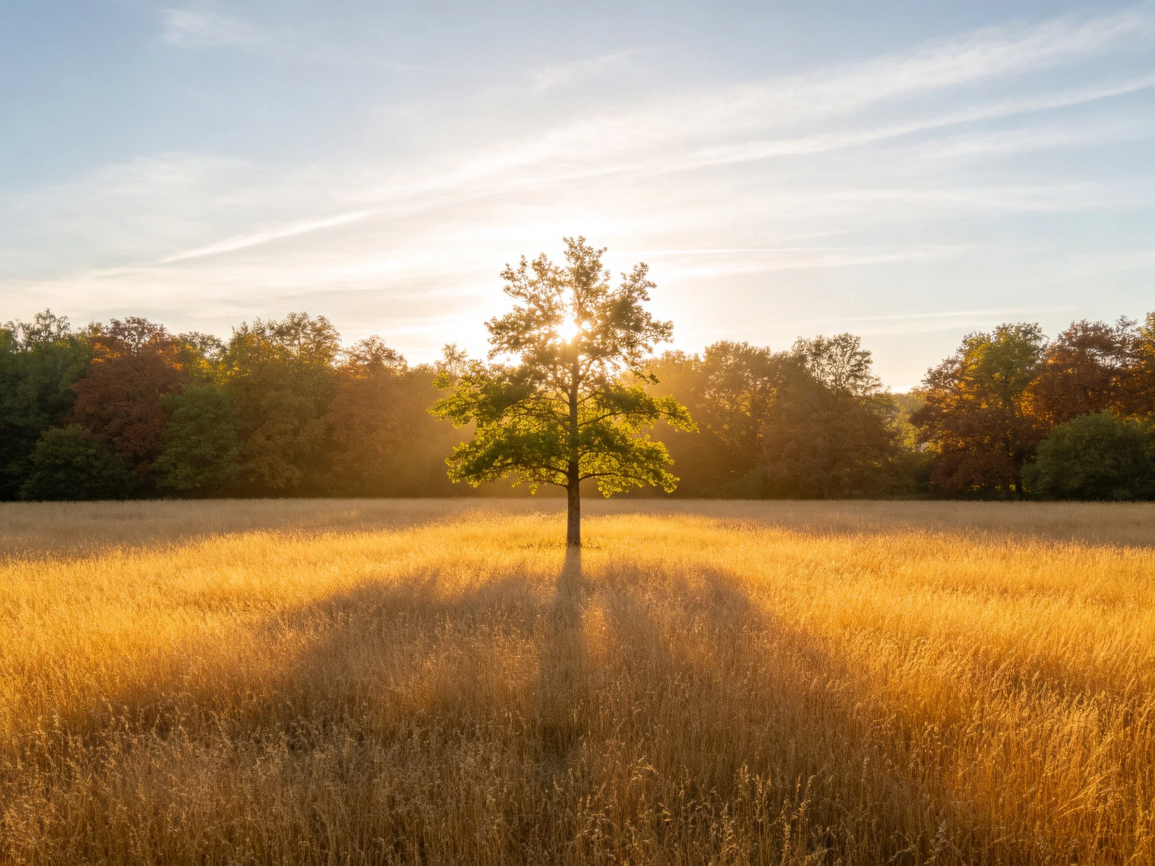 A lone tree in golden grassland with sunlit forest backdrop