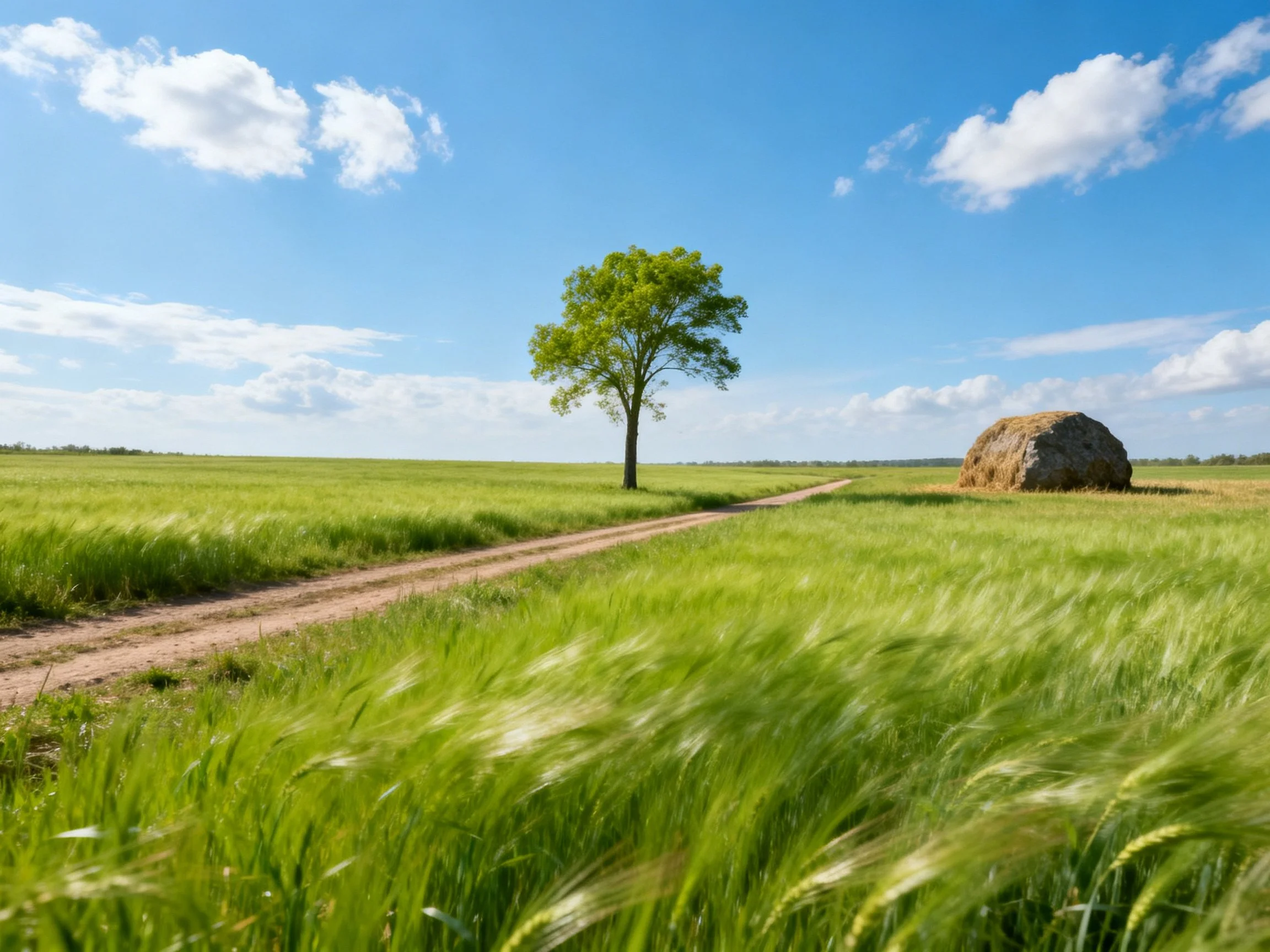A lone tree near a hay bale in sprawling green fields