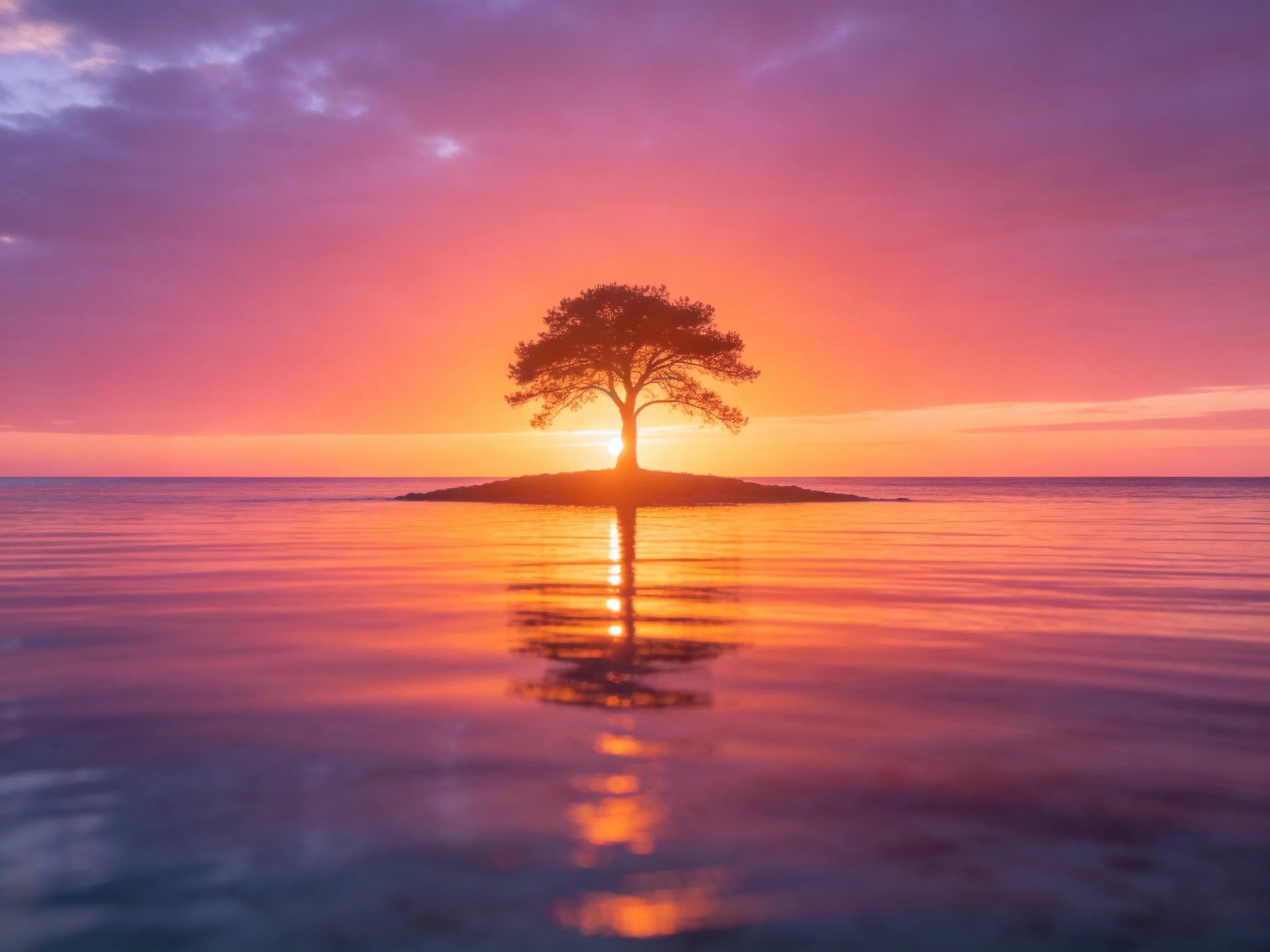 A lone tree on a small island beneath a vibrant sunset sky with water reflections