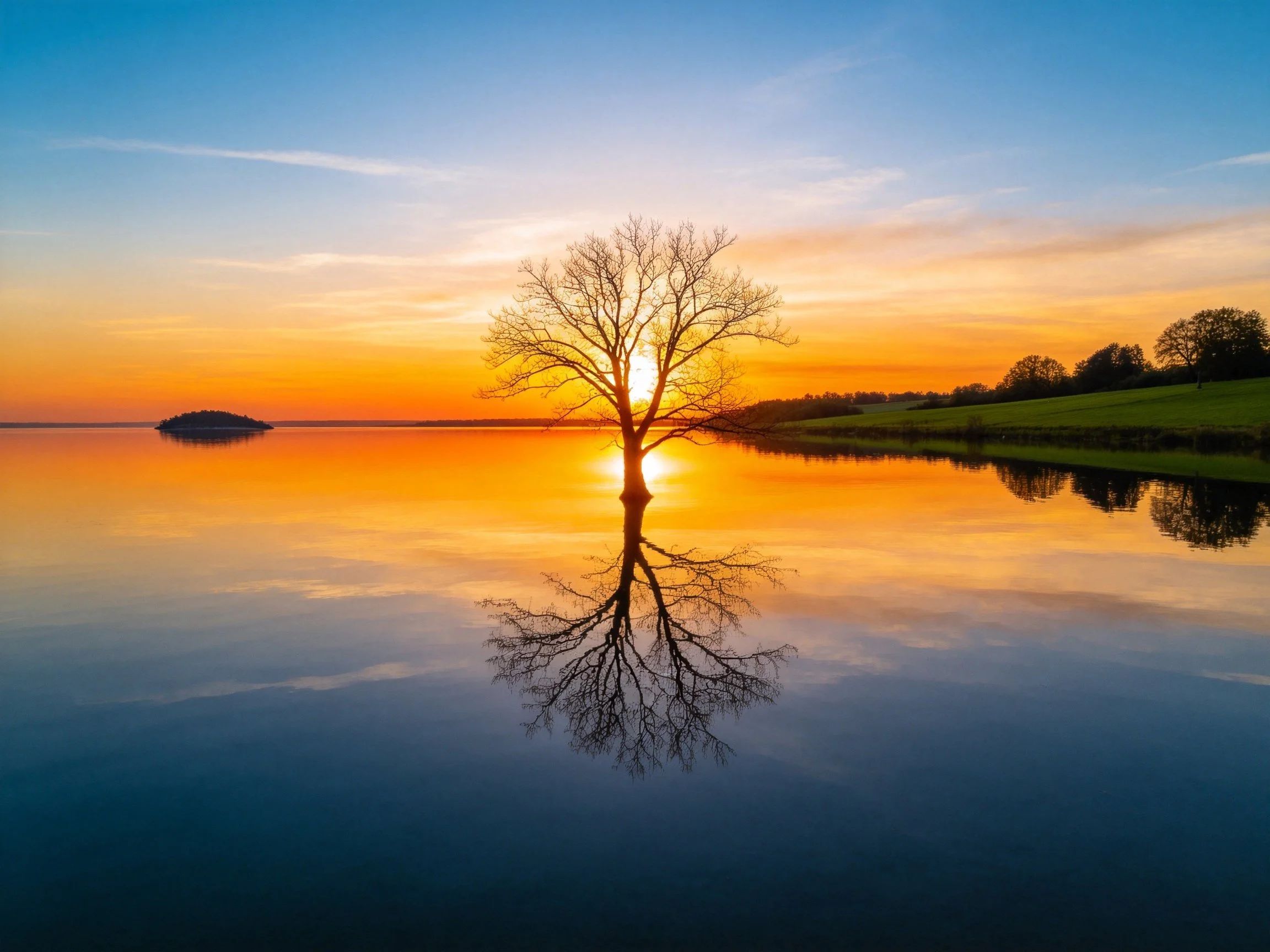 A lone tree reflected in calm water during vibrant sunset