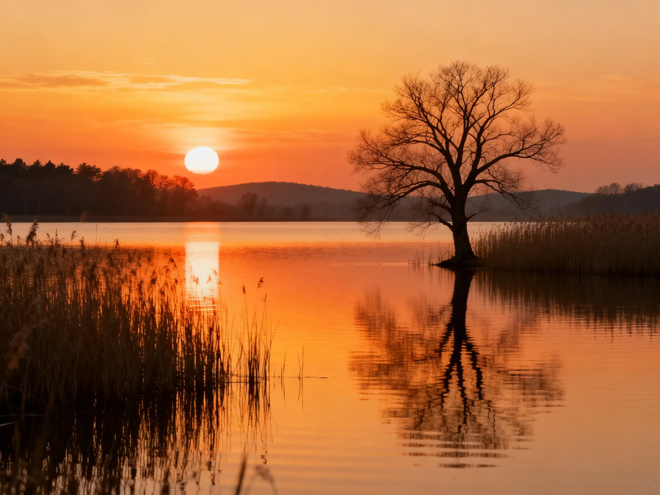 A lone tree reflects in calm lake waters during golden sunset