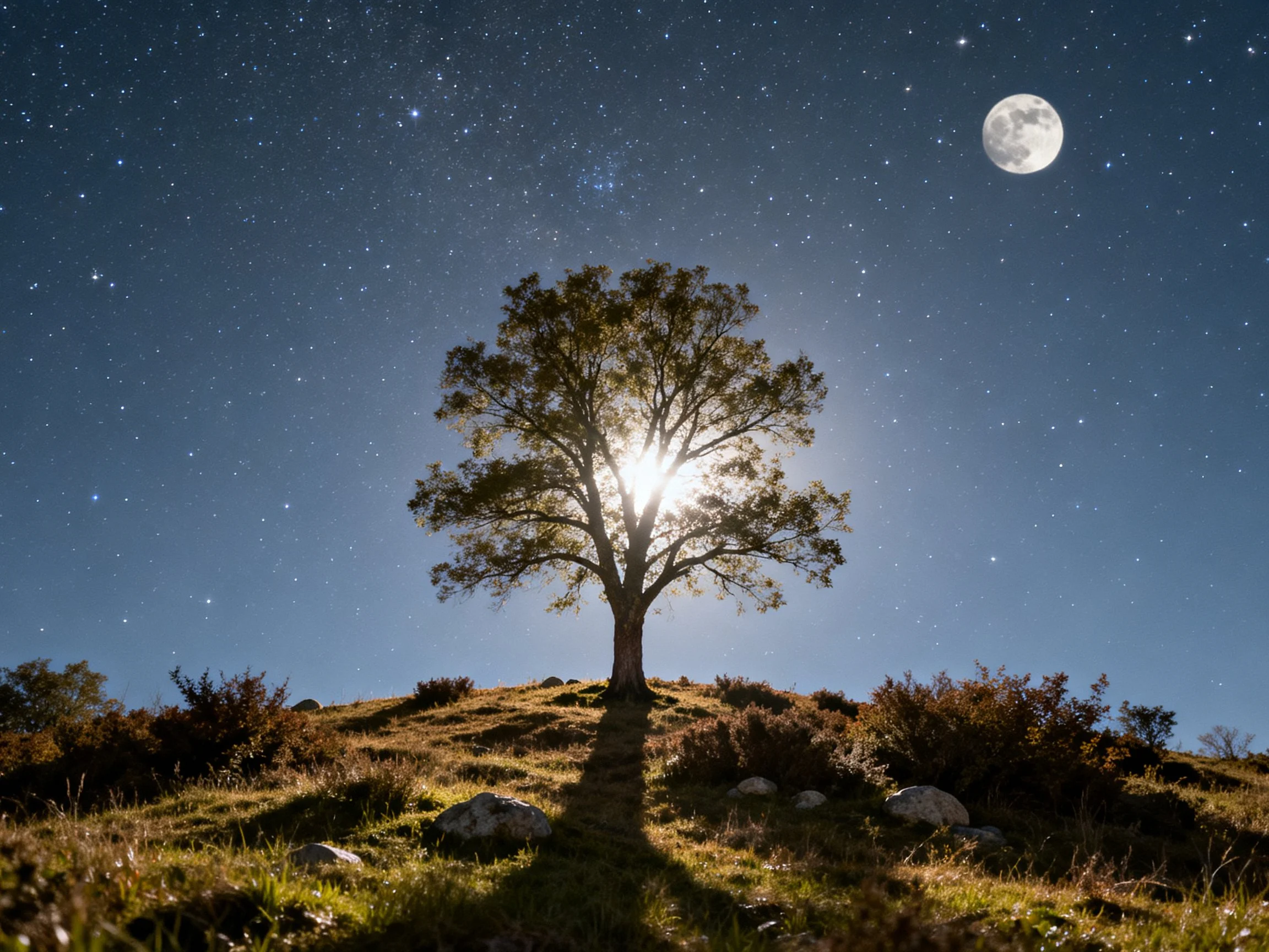 A lone tree silhouetted against starry night with full moon