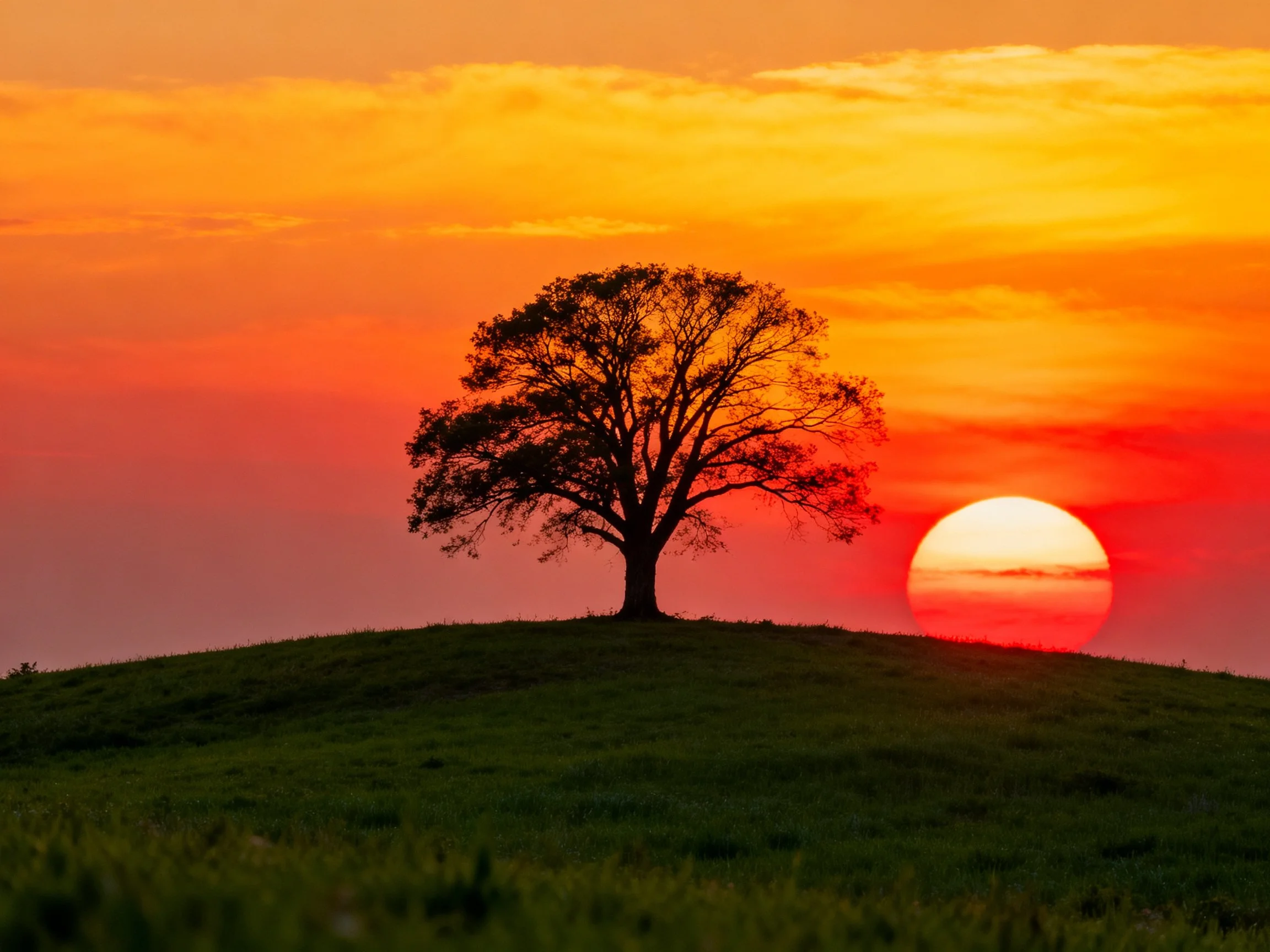 A lone tree silhouetted against vibrant sunset hues