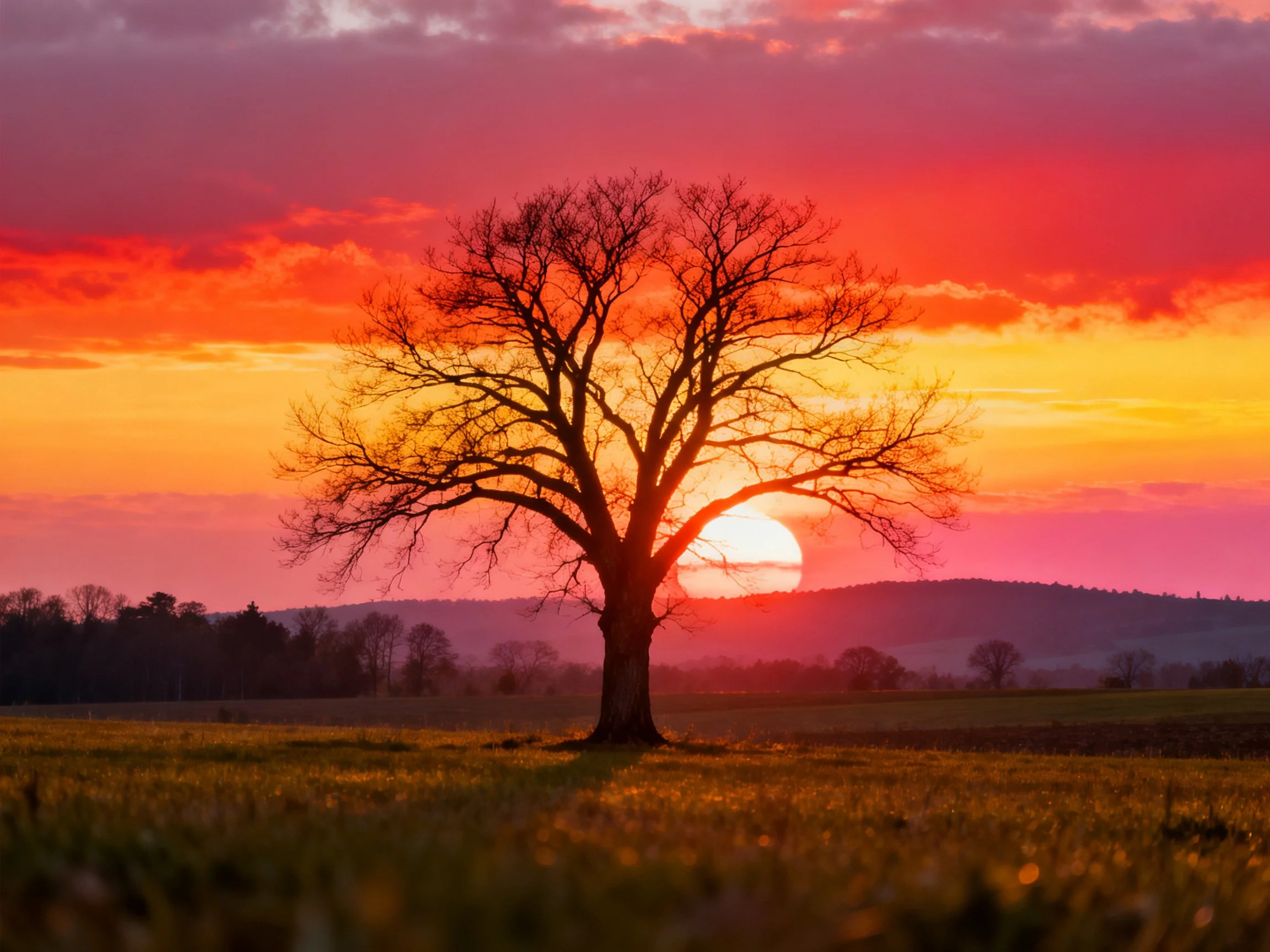 A lone tree silhouetted against vibrant sunset skies over an open field