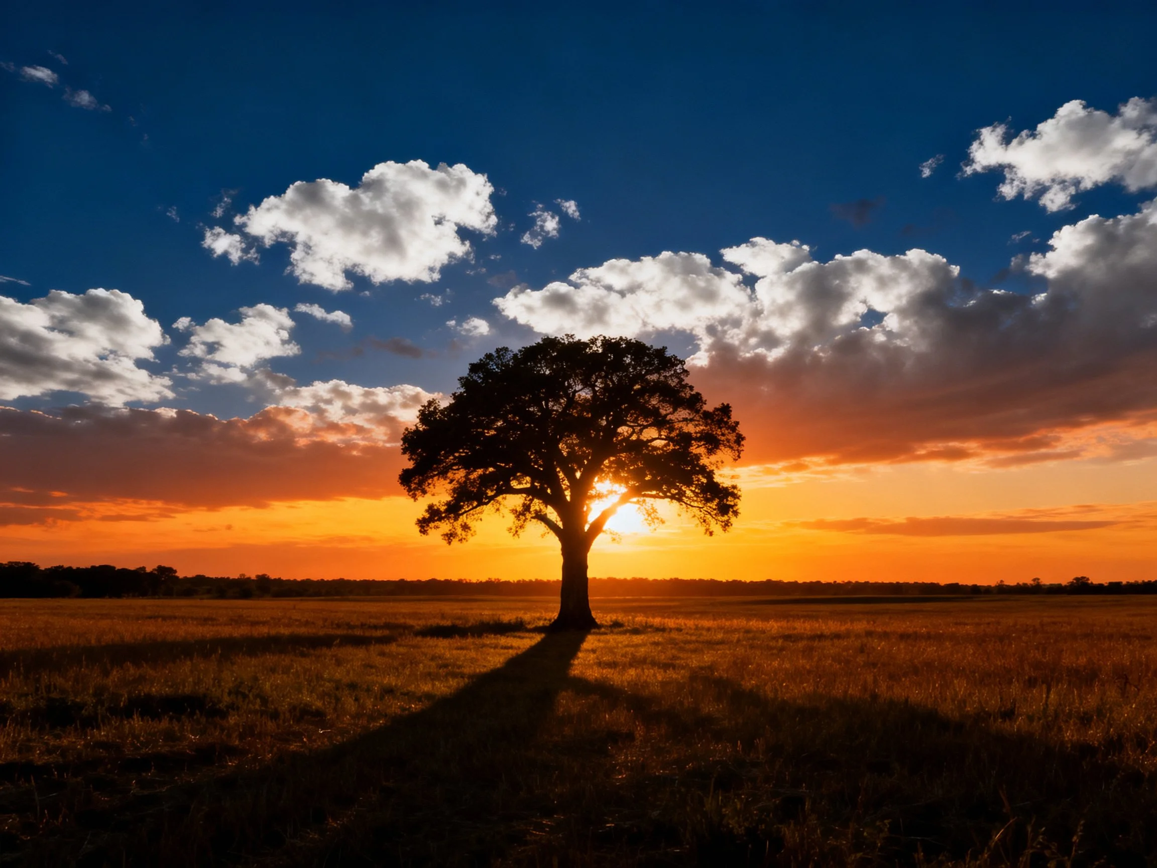 A lone tree silhouetted against vibrant sunset skies