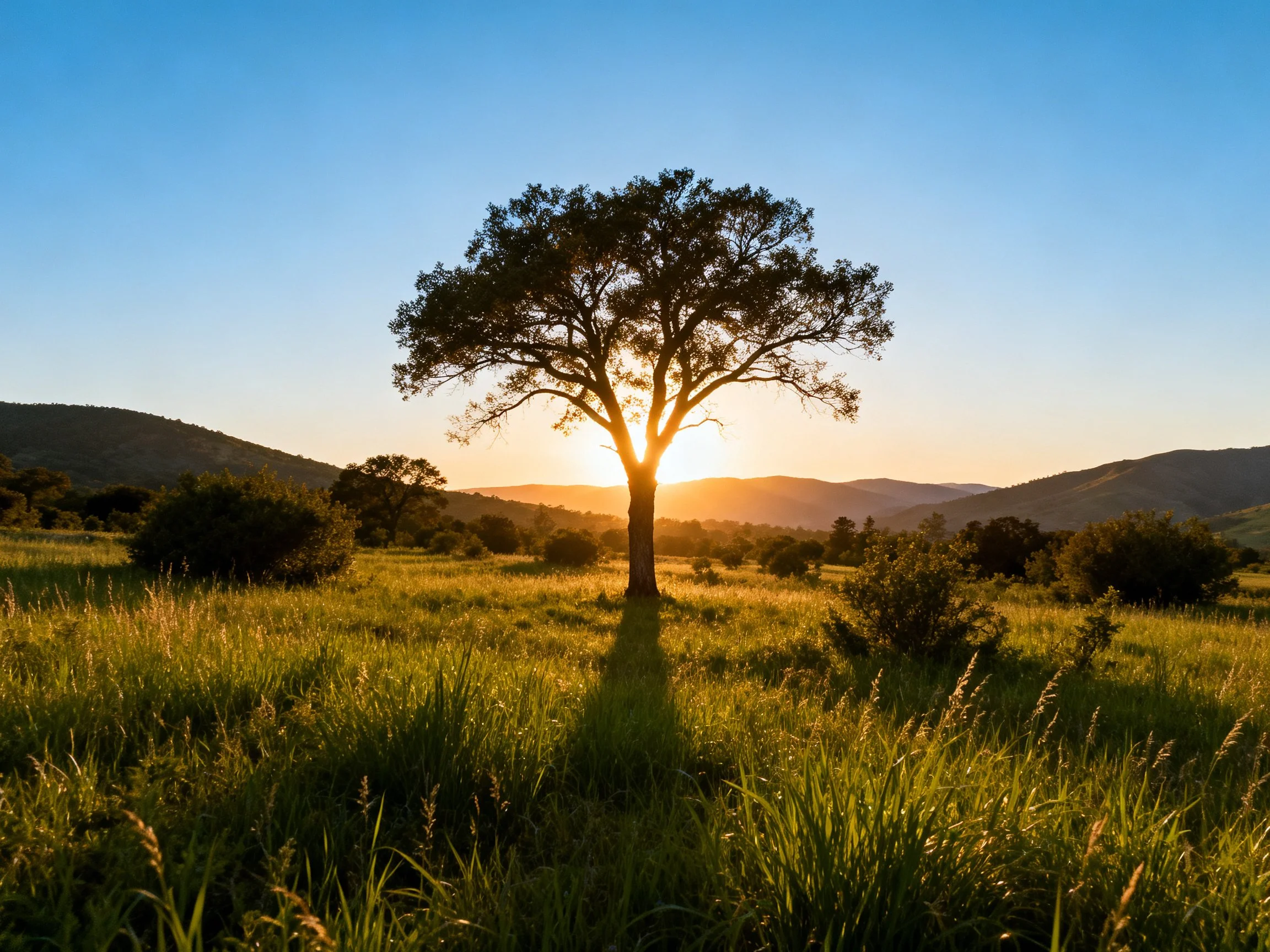A lone tree silhouetted by golden sunset over rolling hills