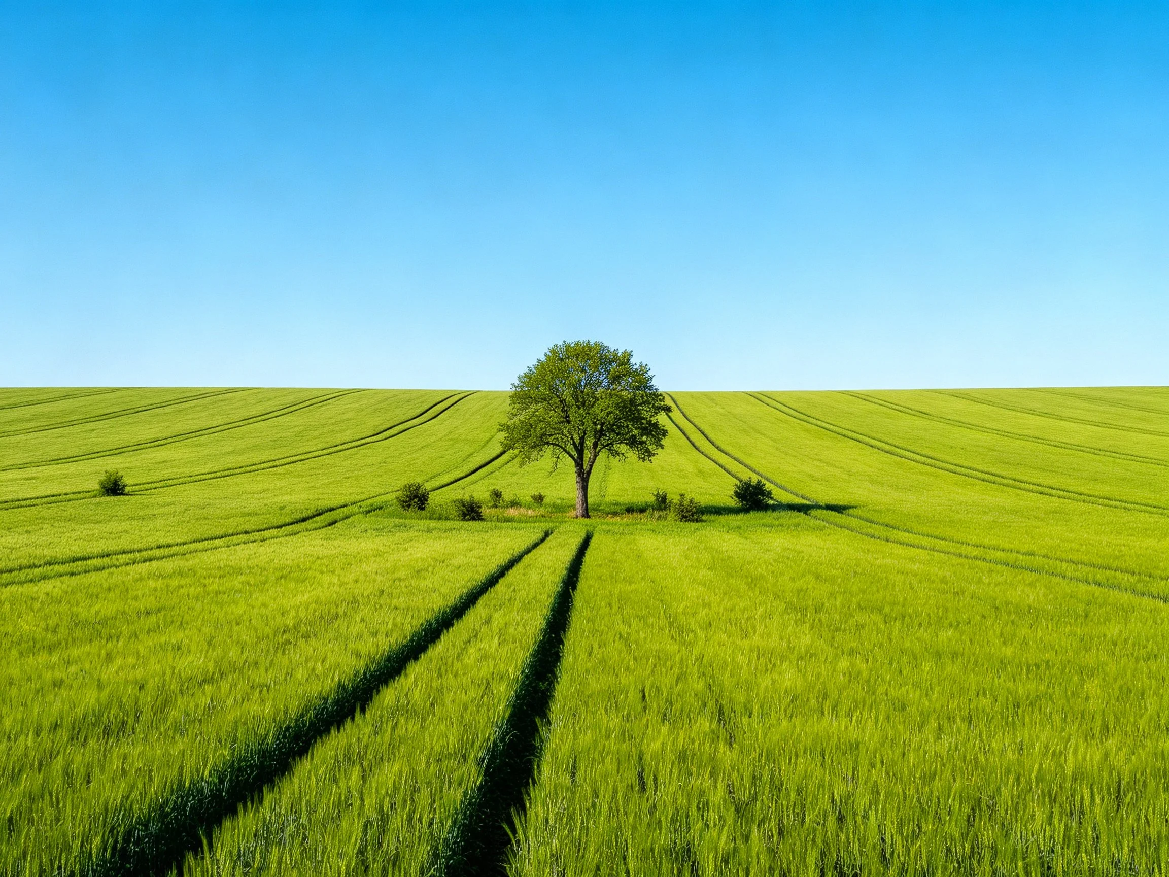 A lone tree sits amid expansive green fields under clear blue sky