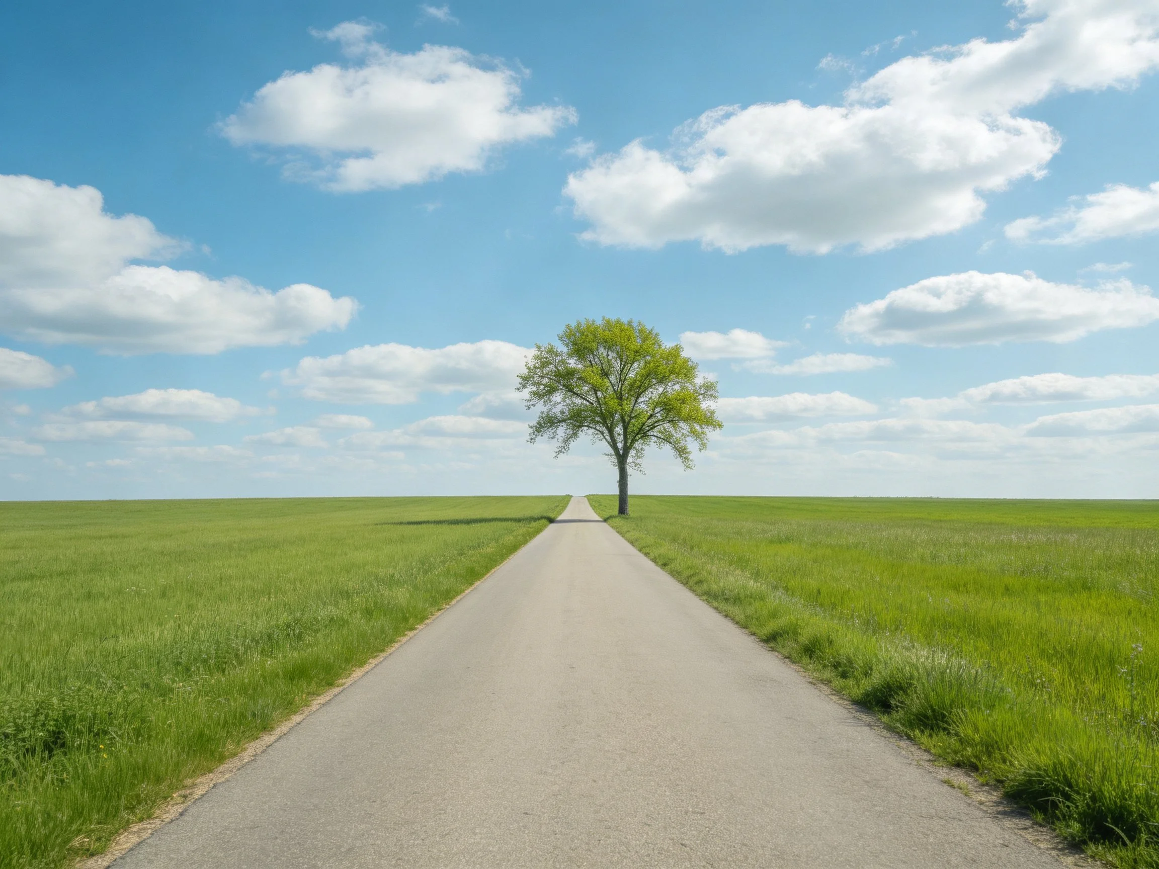 A lone tree sits at the end of a straight paved path through green fields