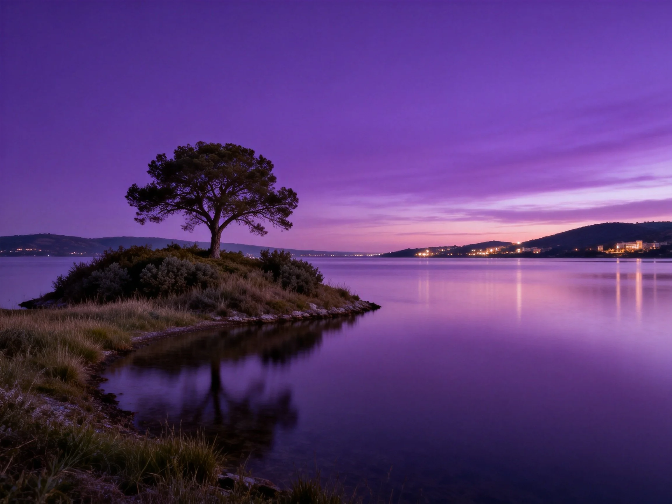 A lone tree sits atop a small island in serene purple twilight waters.