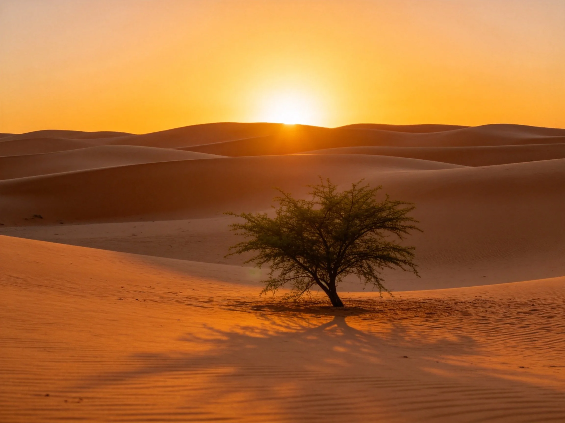 A lone tree stands amid golden sand dunes under a glowing sunset