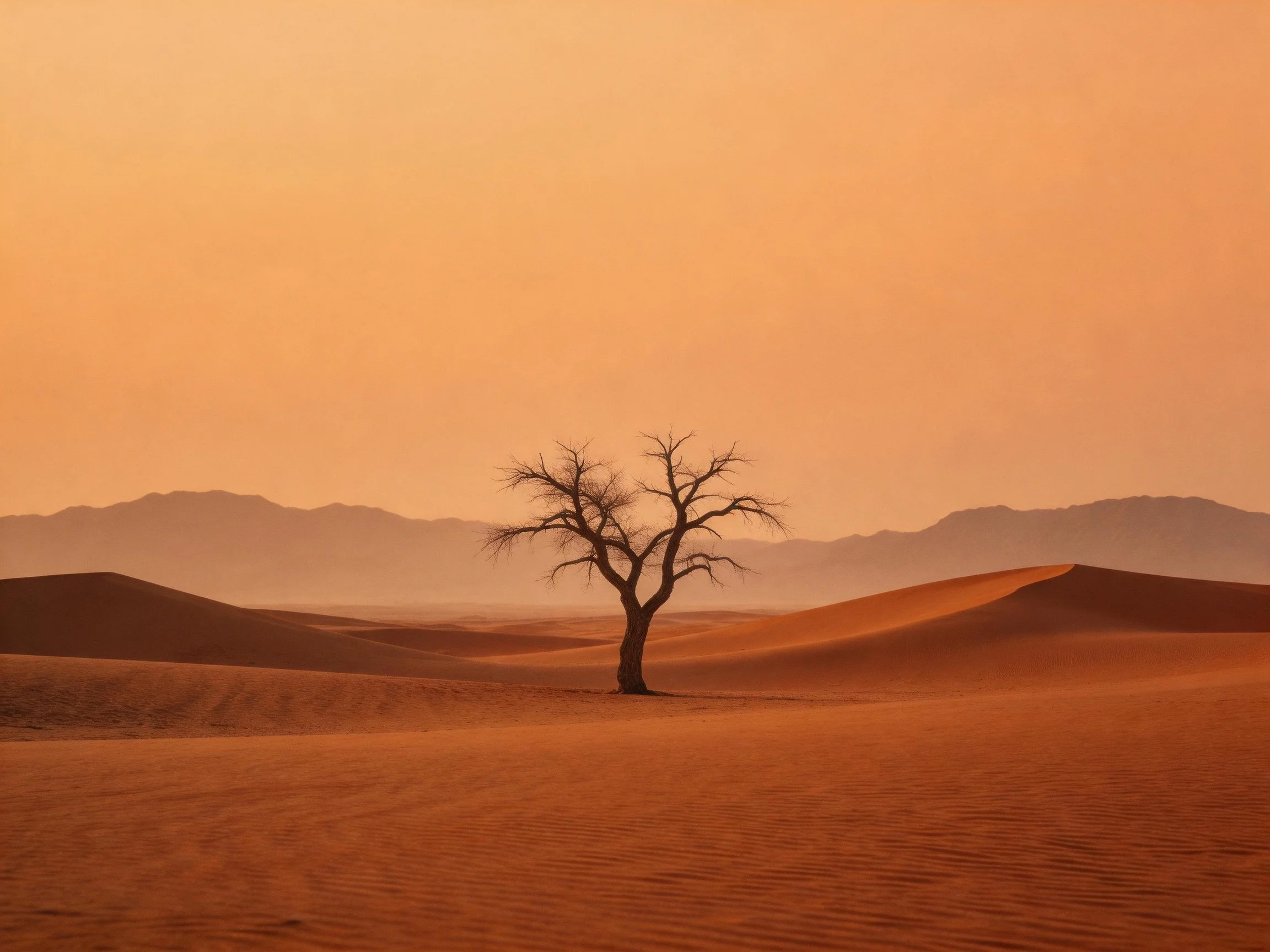 A lone tree stands amid golden sand dunes under a hazy orange sky.
