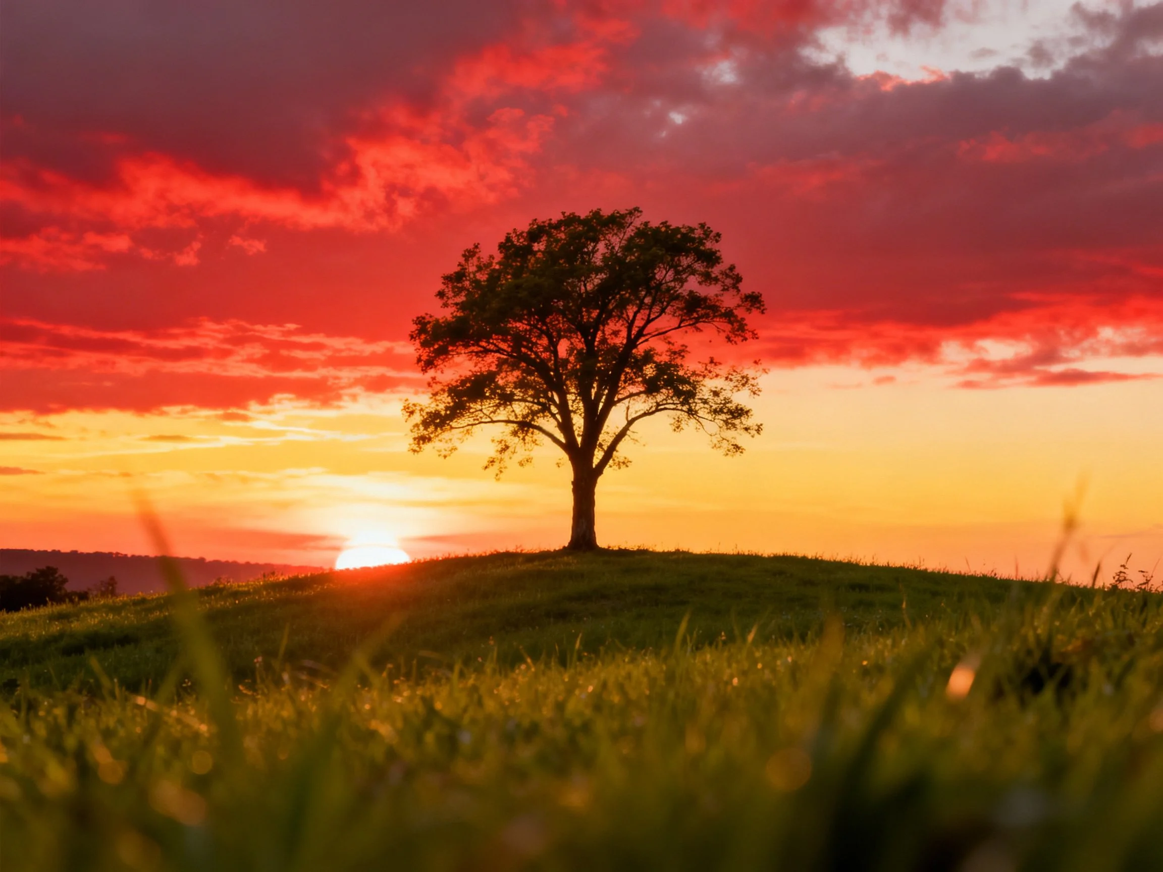 A lone tree stands atop a grassy hill under vibrant sunset skies