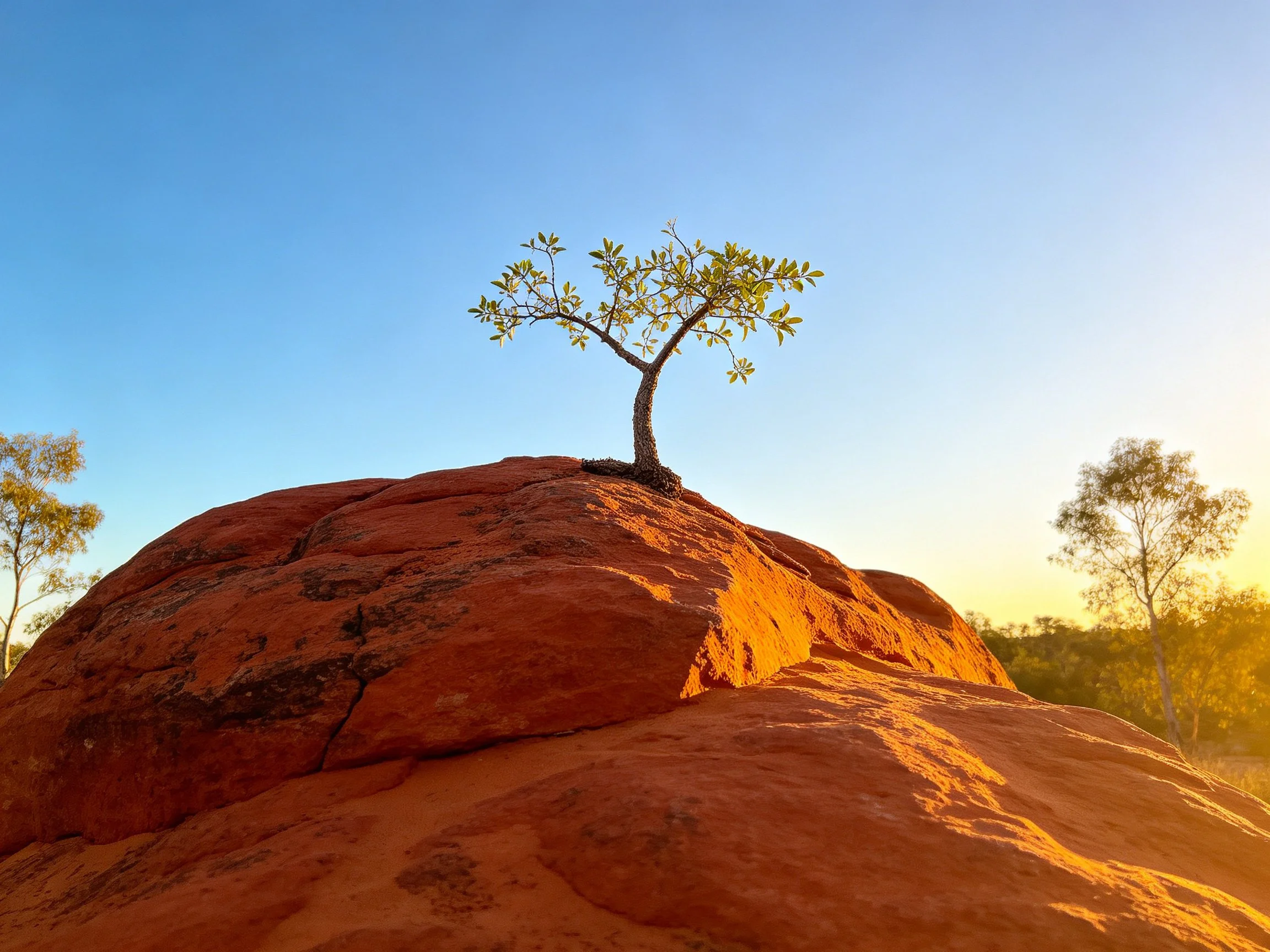 A lone tree stands atop a large red rock under a clear blue sky