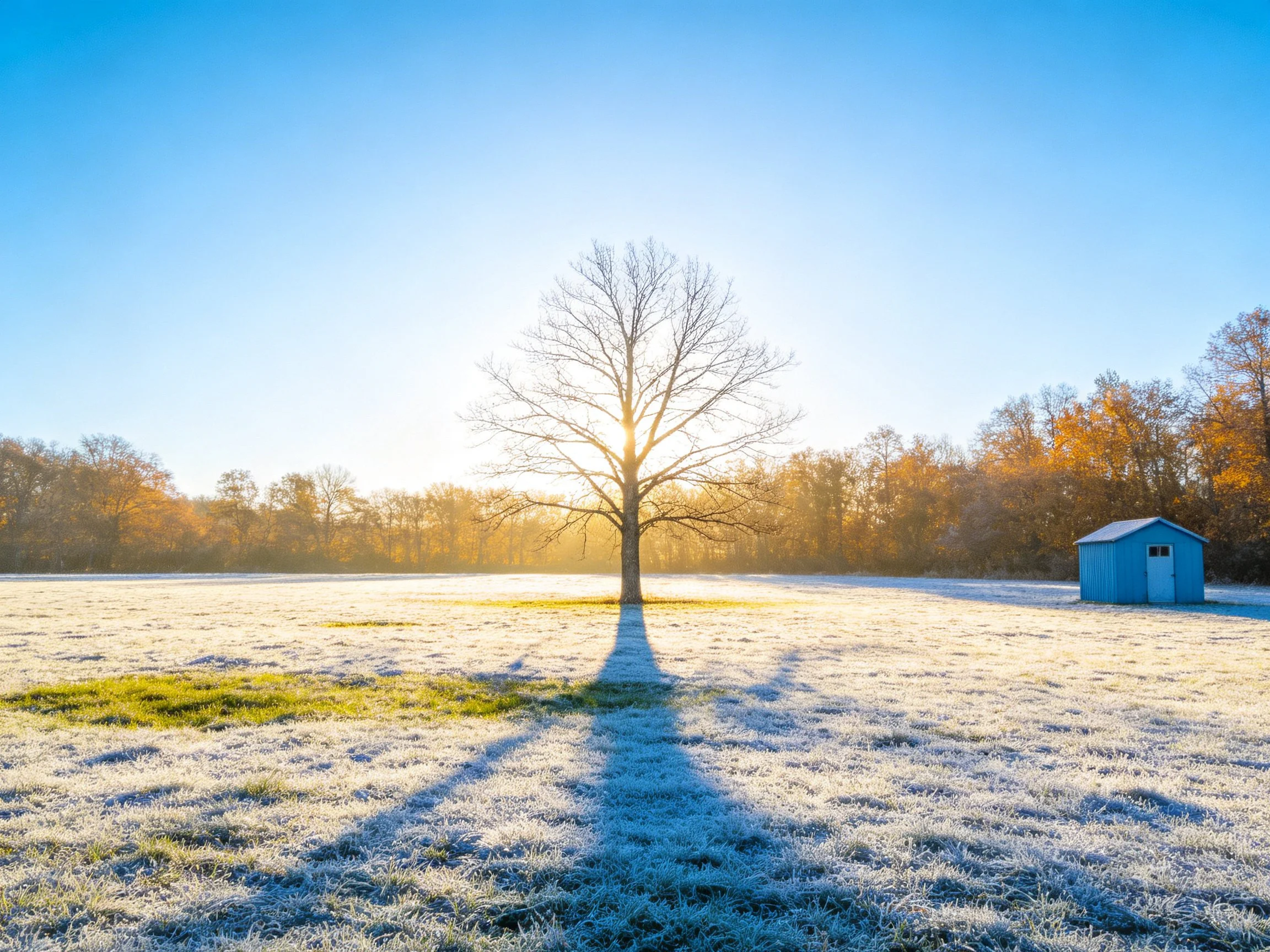 A lone tree stands in a frost-covered field near a blue shed