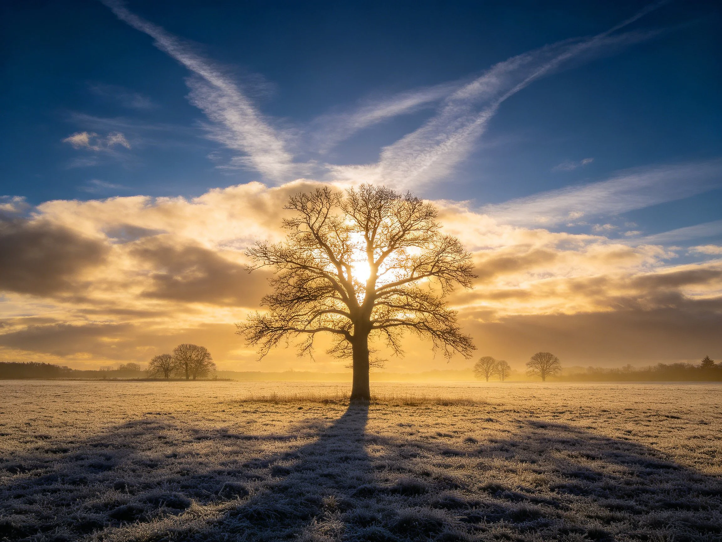 A lone tree stands in a frosty field under golden sunrise light