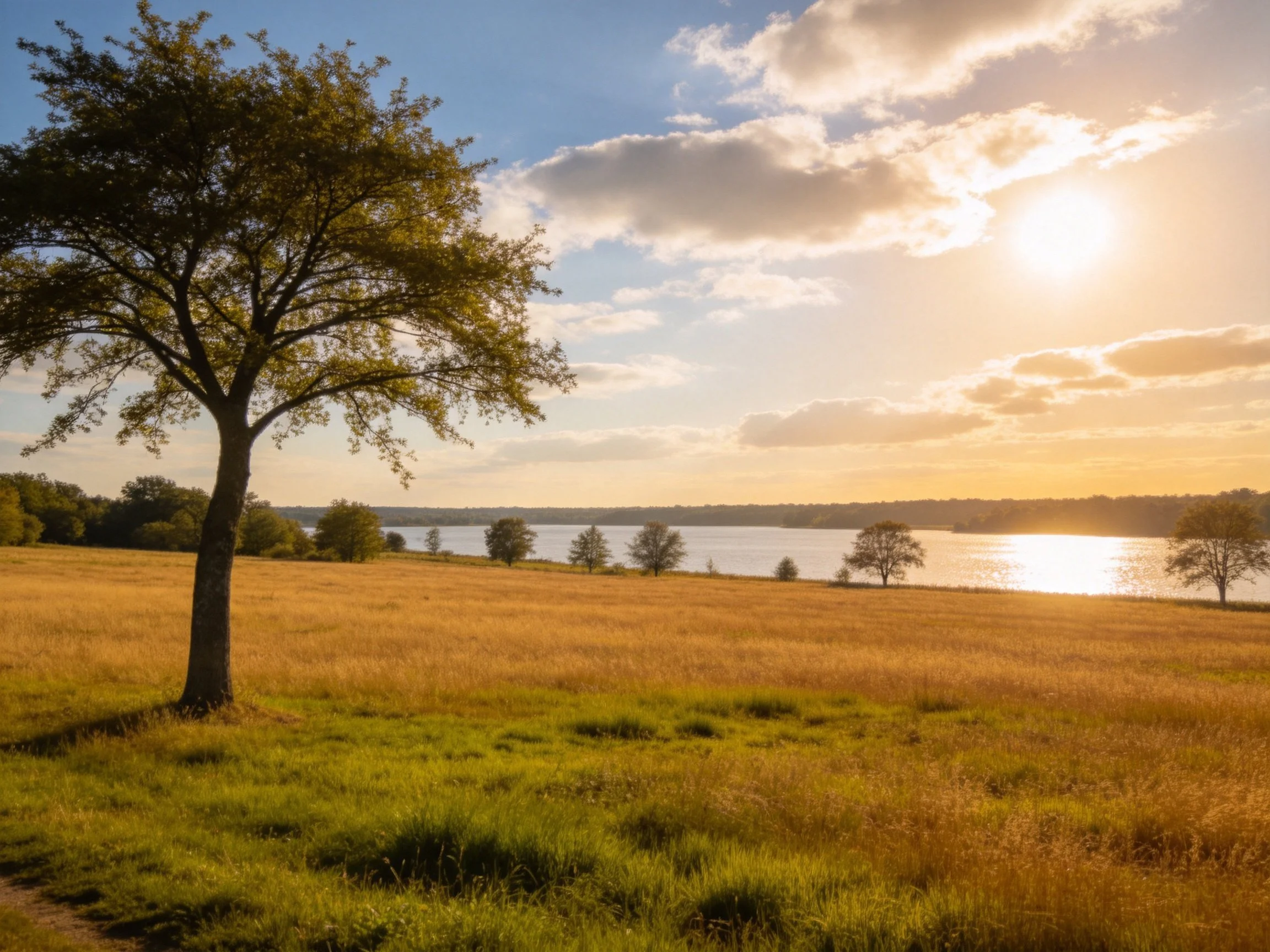 A lone tree stands in a golden field by a shimmering lake under a sunny sky