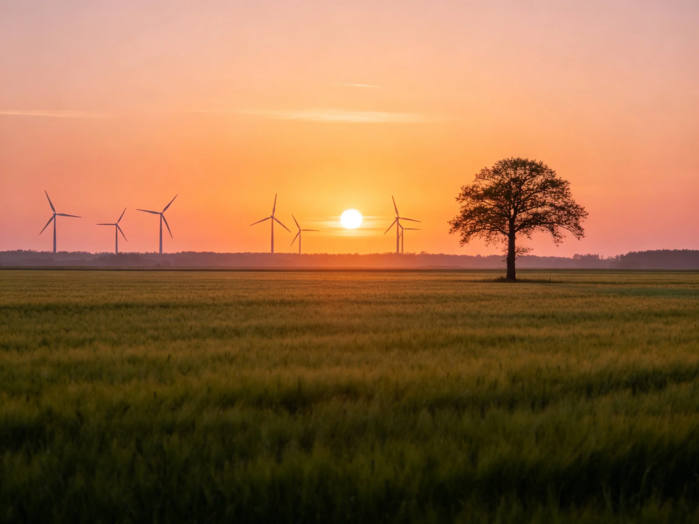 A lone tree stands in a green field with wind turbines at sunset
