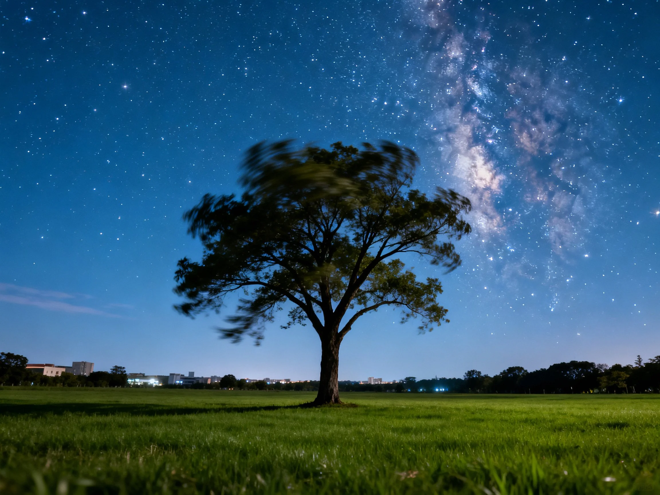 A lone tree stands in a vast grassy field beneath a starry night sky with the Milky Way