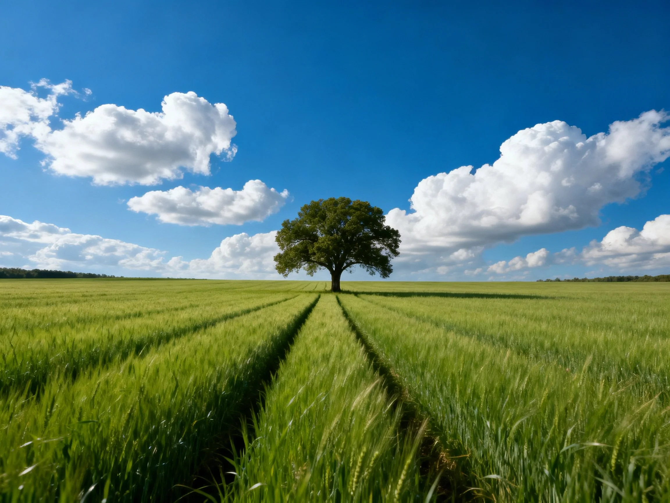 A lone tree stands in a vast green field beneath clear blue sky