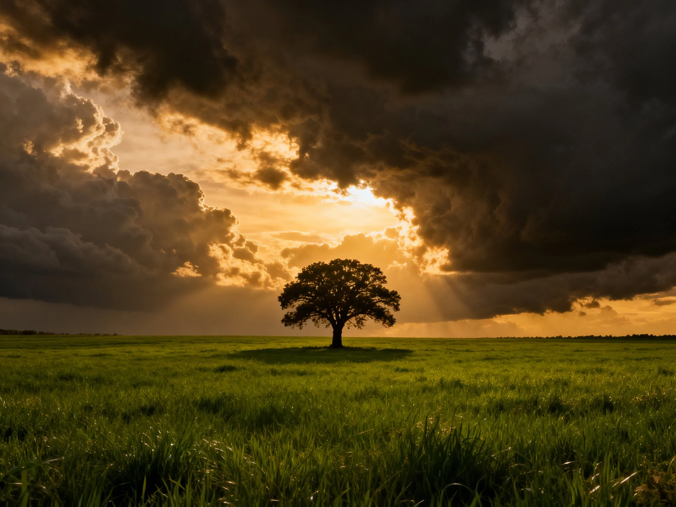 A lone tree stands in a vast green field beneath stormy, golden-hued skies.