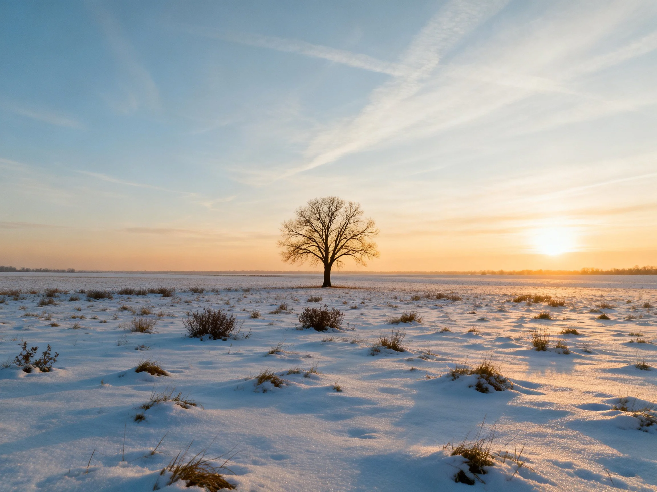 A lone tree stands in a vast, snow - covered field at sunset