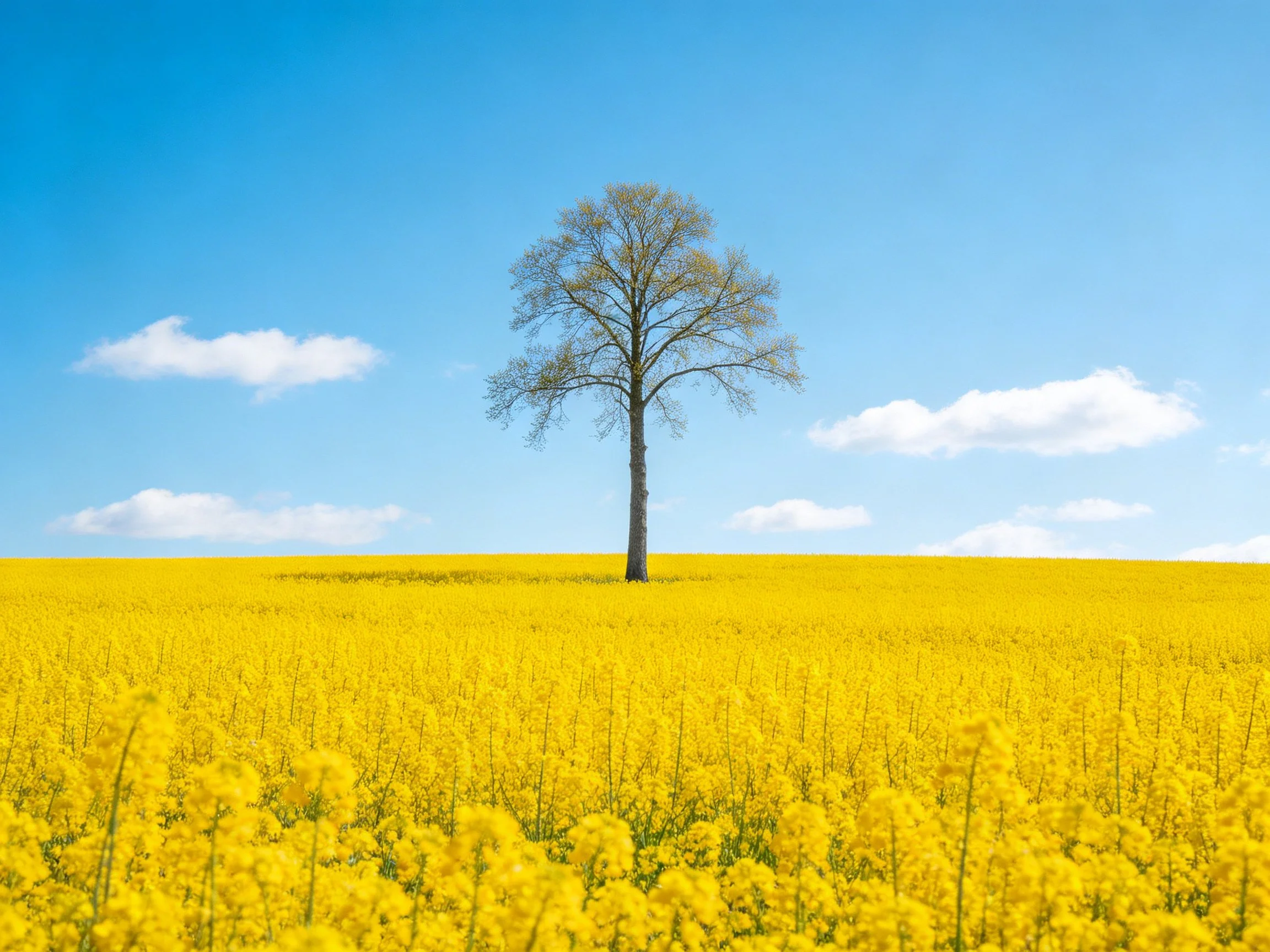 A lone tree stands in a vast yellow flower field under blue sky