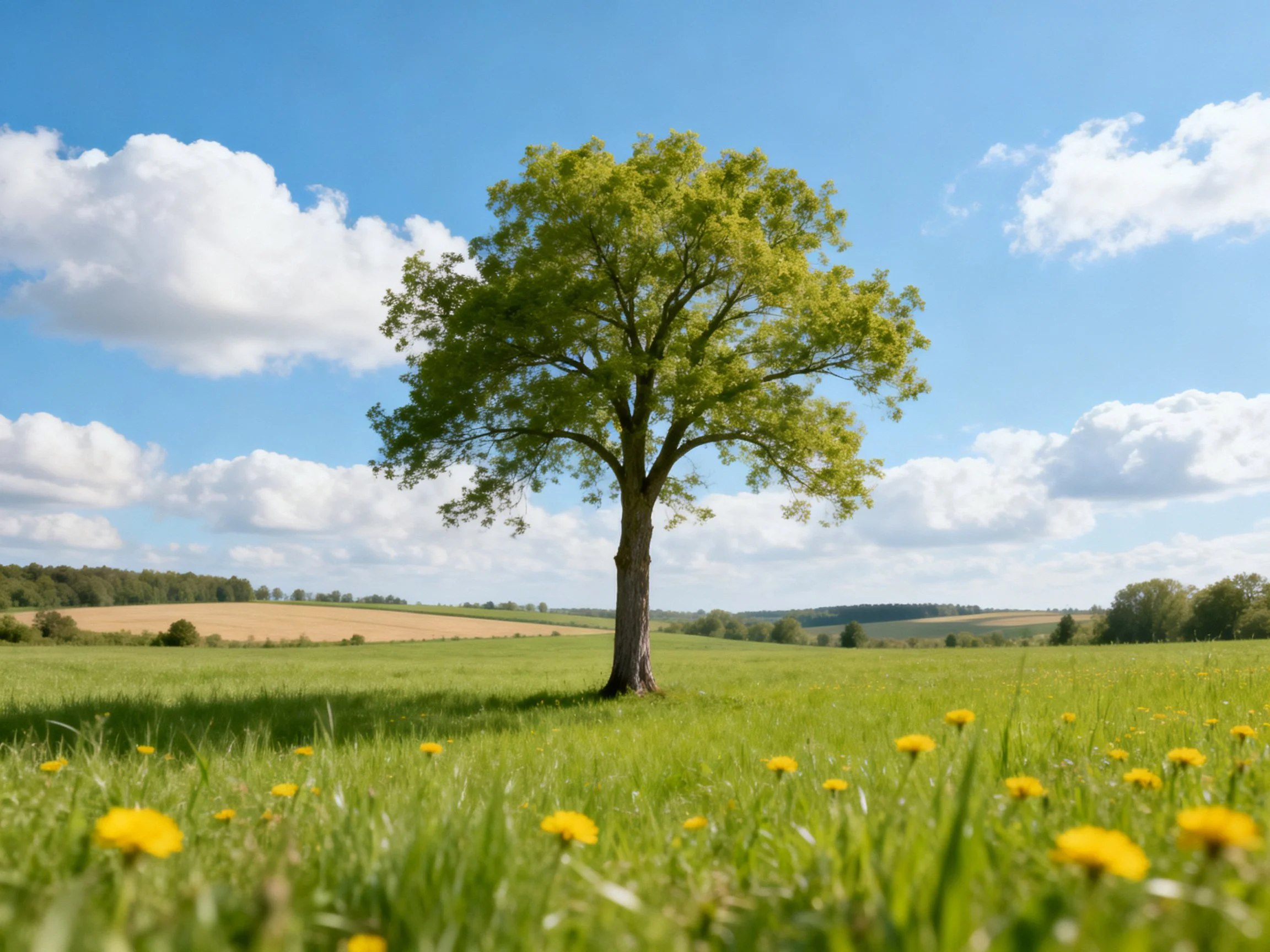A lone tree stands in a vibrant green meadow with yellow blooms