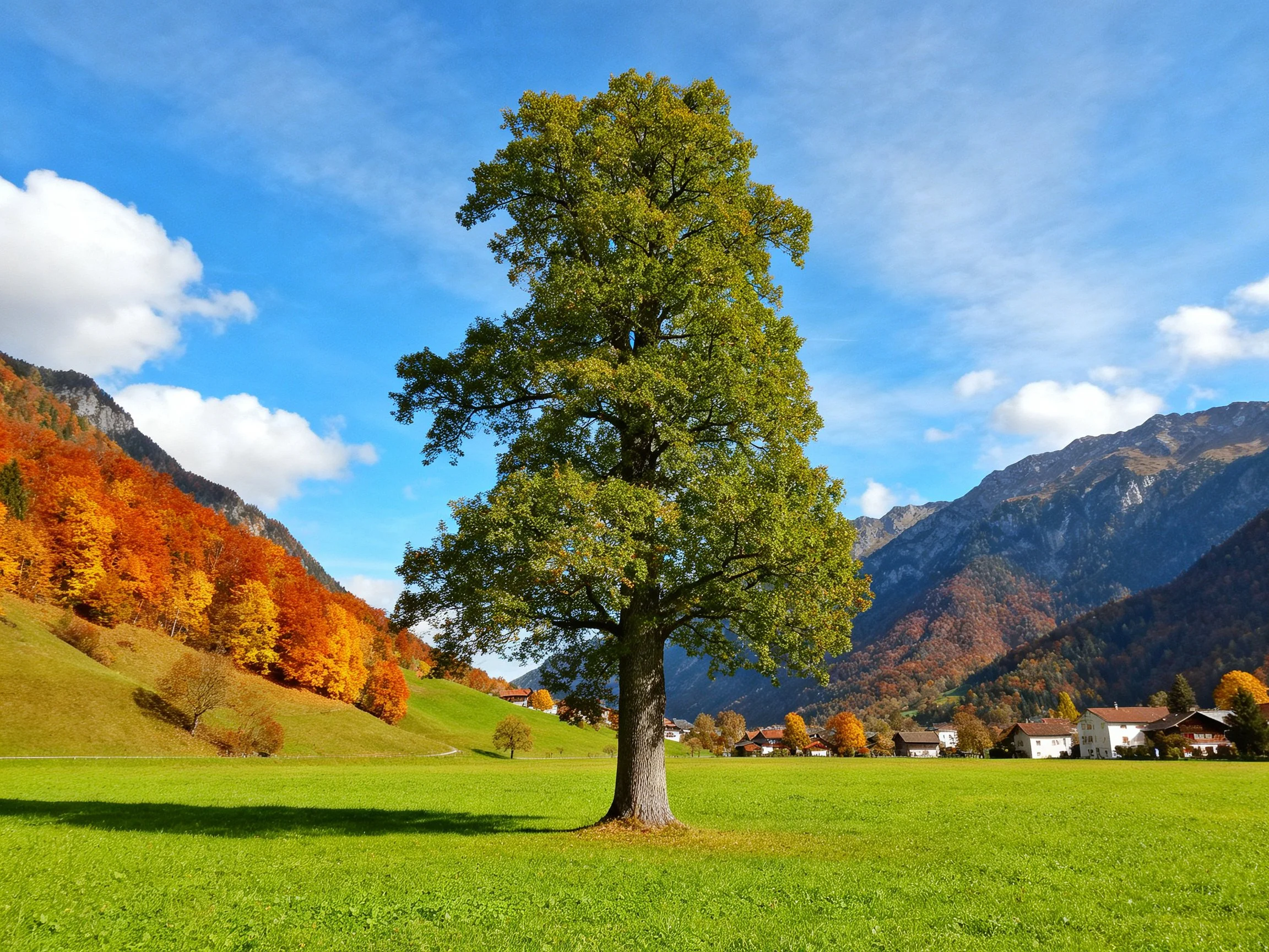 A lone tree stands in a vibrant meadow near autumn mountains