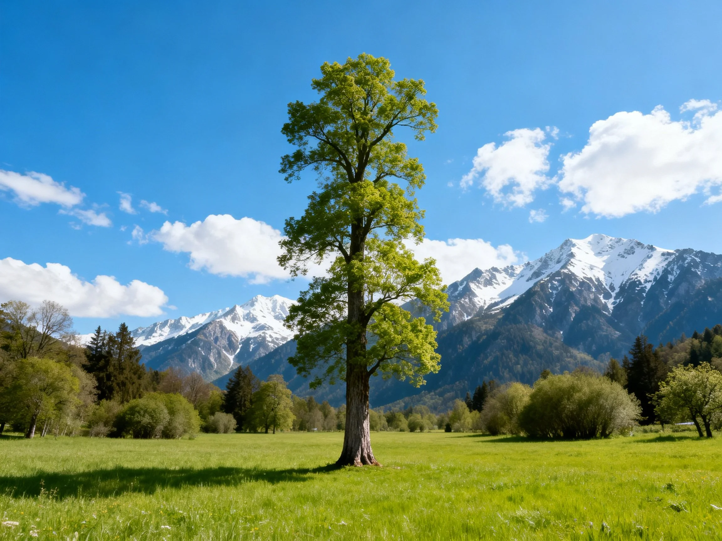 A lone tree stands in a vibrant meadow with snow-capped mountains