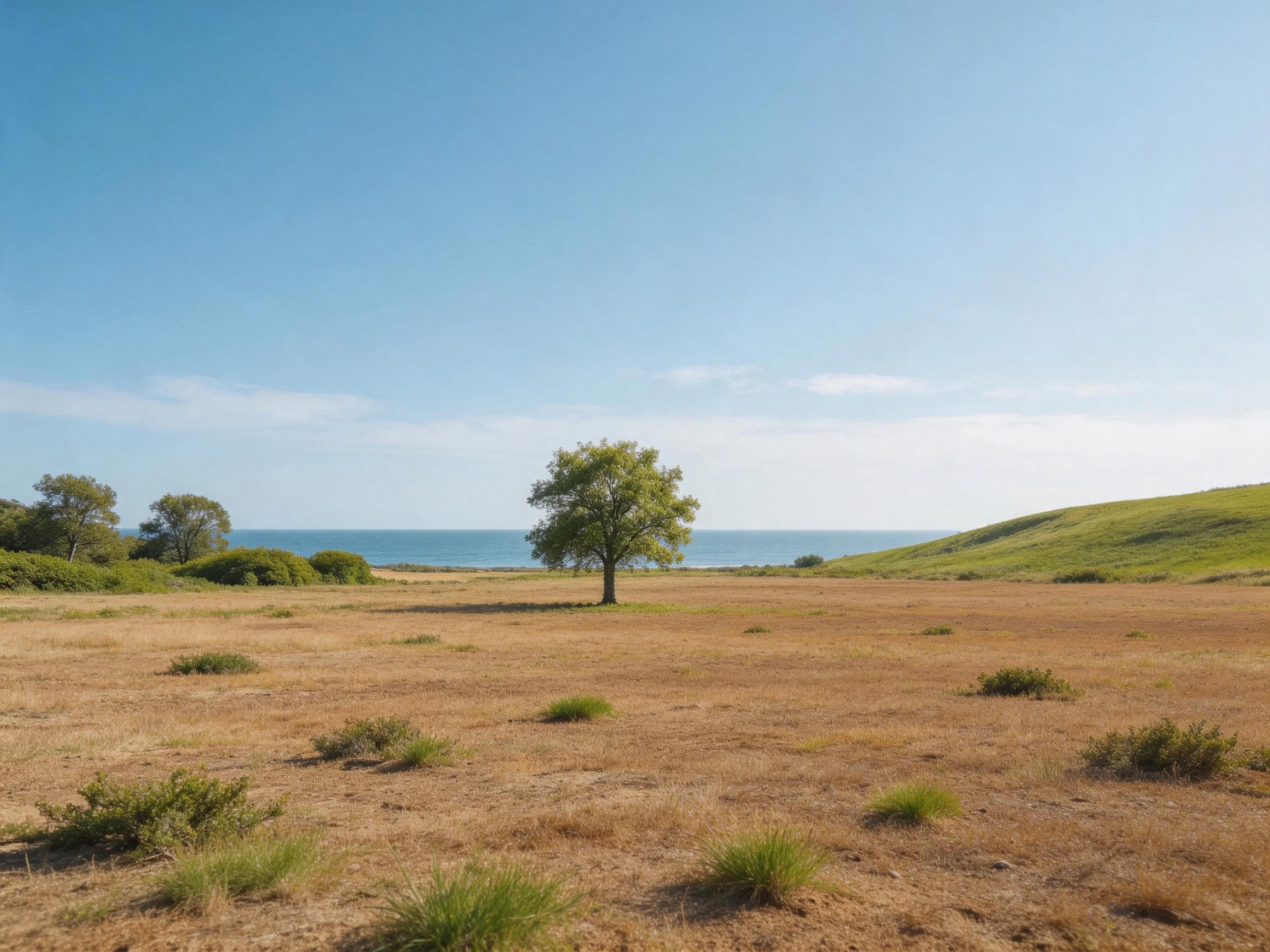 A lone tree stands in an expansive dry field near the ocean