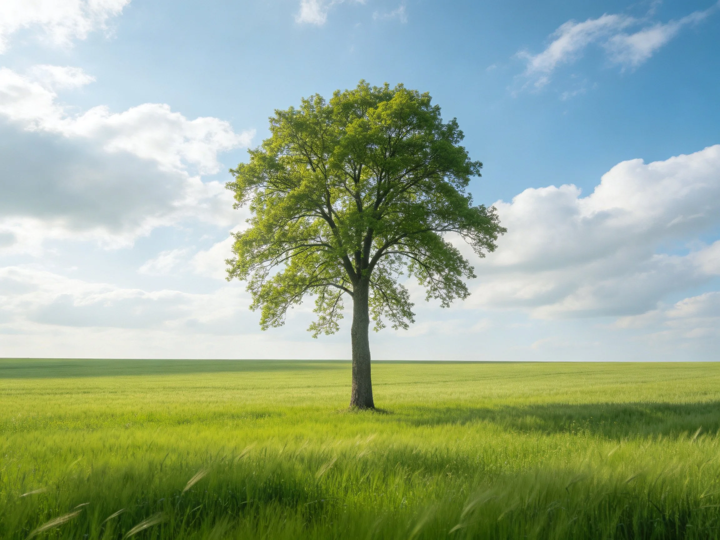 A lone tree stands in expansive green fields beneath clear blue skies